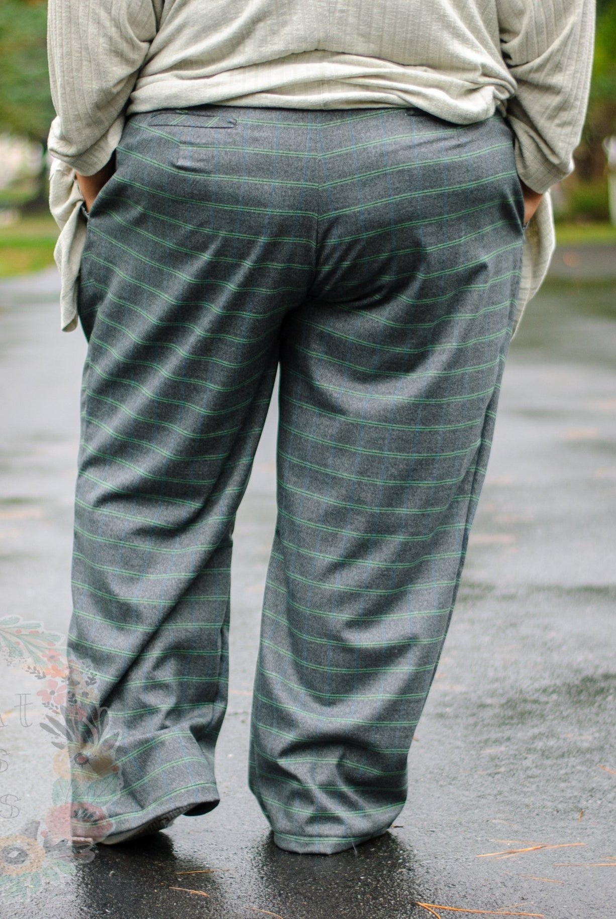 Retro Tailor Check in Charcoal with Green & Blue. Stretch Woven Fabric - Boho Fabrics - Stretch Woven Fabric