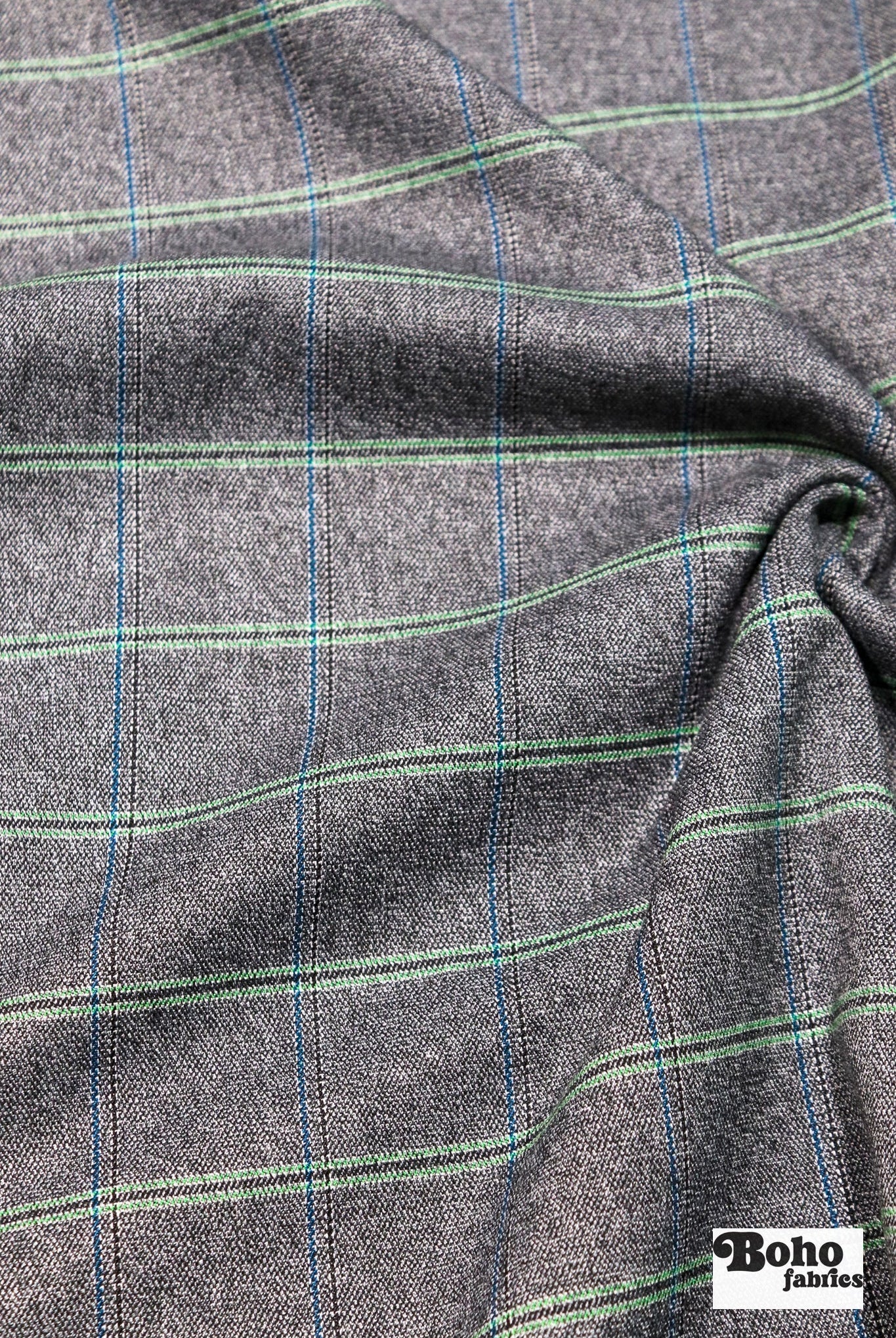 Retro Tailor Check in Charcoal with Green & Blue. Stretch Woven Fabric - Boho Fabrics - Stretch Woven Fabric