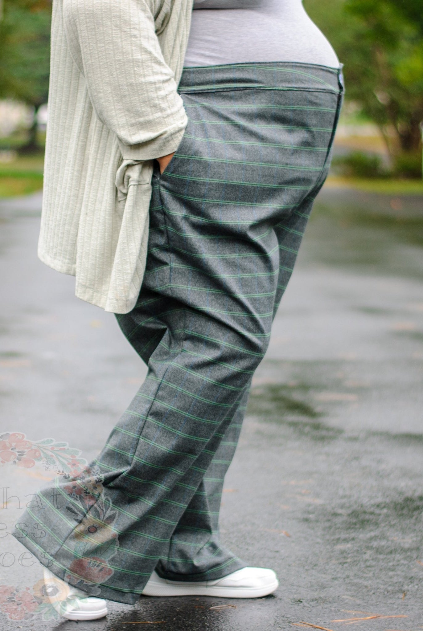 Retro Tailor Check in Charcoal with Green & Blue. Stretch Woven Fabric - Boho Fabrics - Stretch Woven Fabric