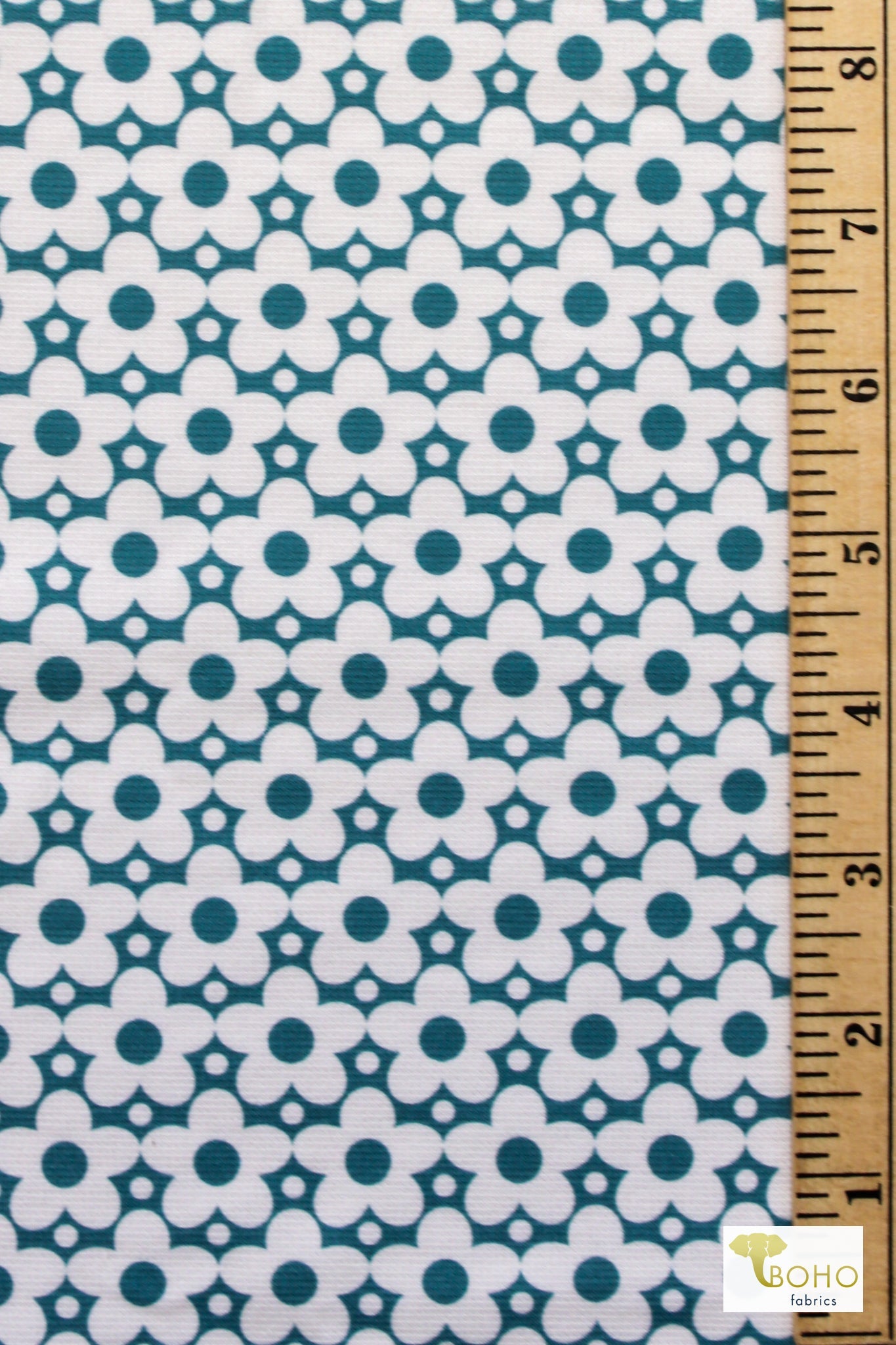 Retro Teal Daisy, Ponte Print Fabric - Boho Fabrics