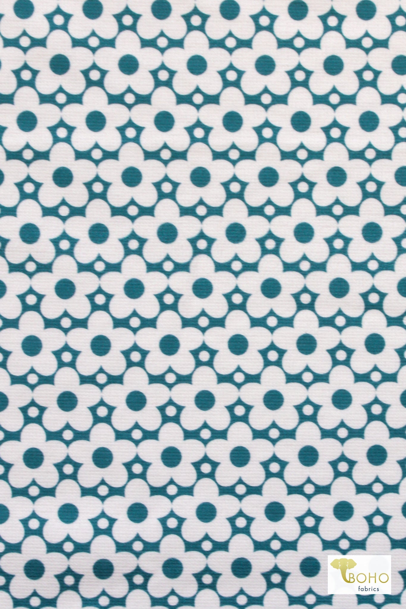 Retro Teal Daisy, Ponte Print Fabric - Boho Fabrics