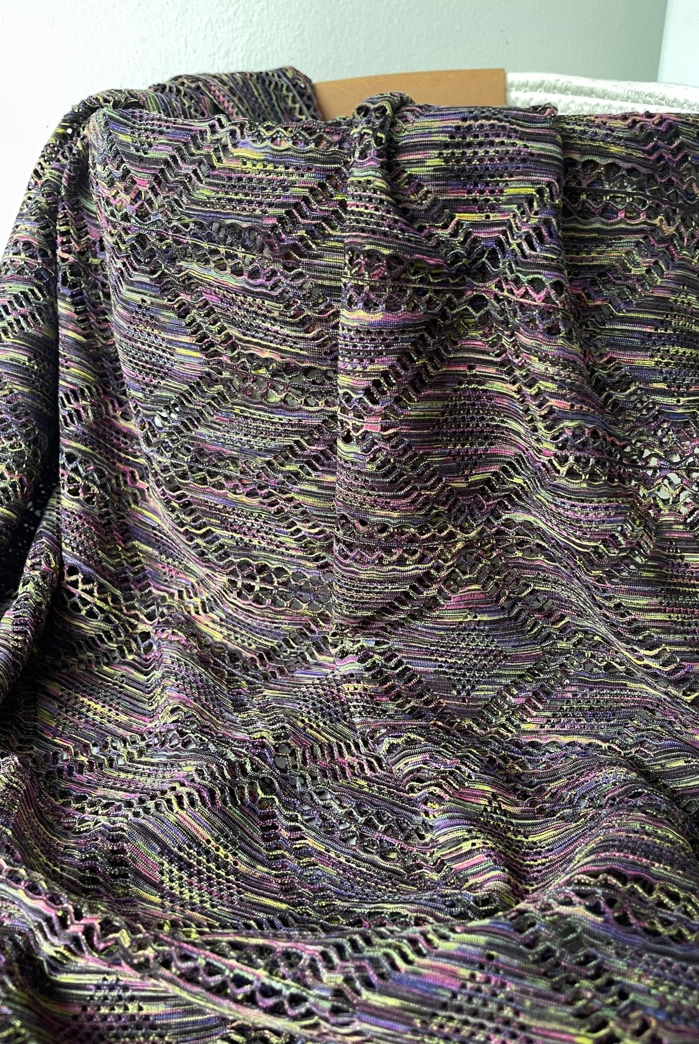 Roller Rink Diamonds, Black Rainbow. Premium Stretch Lace Fabric - Boho Fabrics - Stretch Lace Fabric