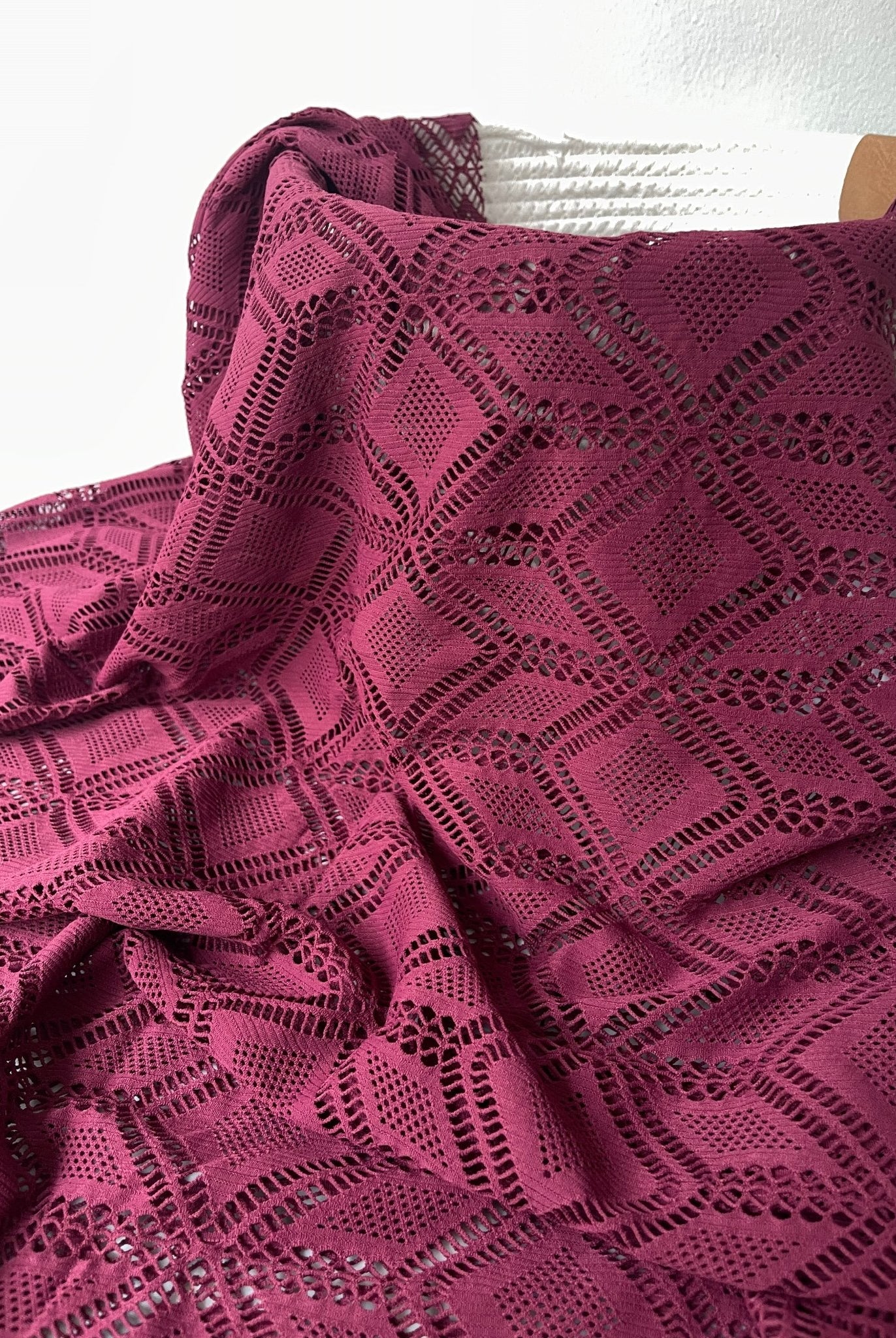 Roller Rink Diamonds, Wine. Premium Stretch Lace Fabric - Boho Fabrics - Stretch Lace Fabric