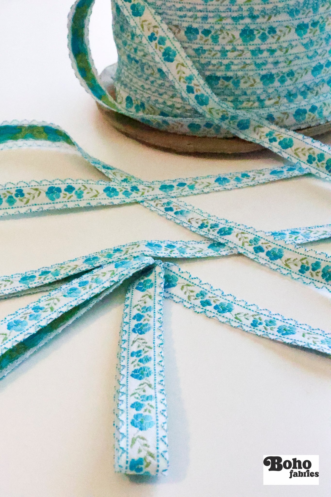 Rose Chain in Aqua, 5/8" Vintage Jacquard Woven Trim, TRIM - 066 - Boho Fabrics - Trims