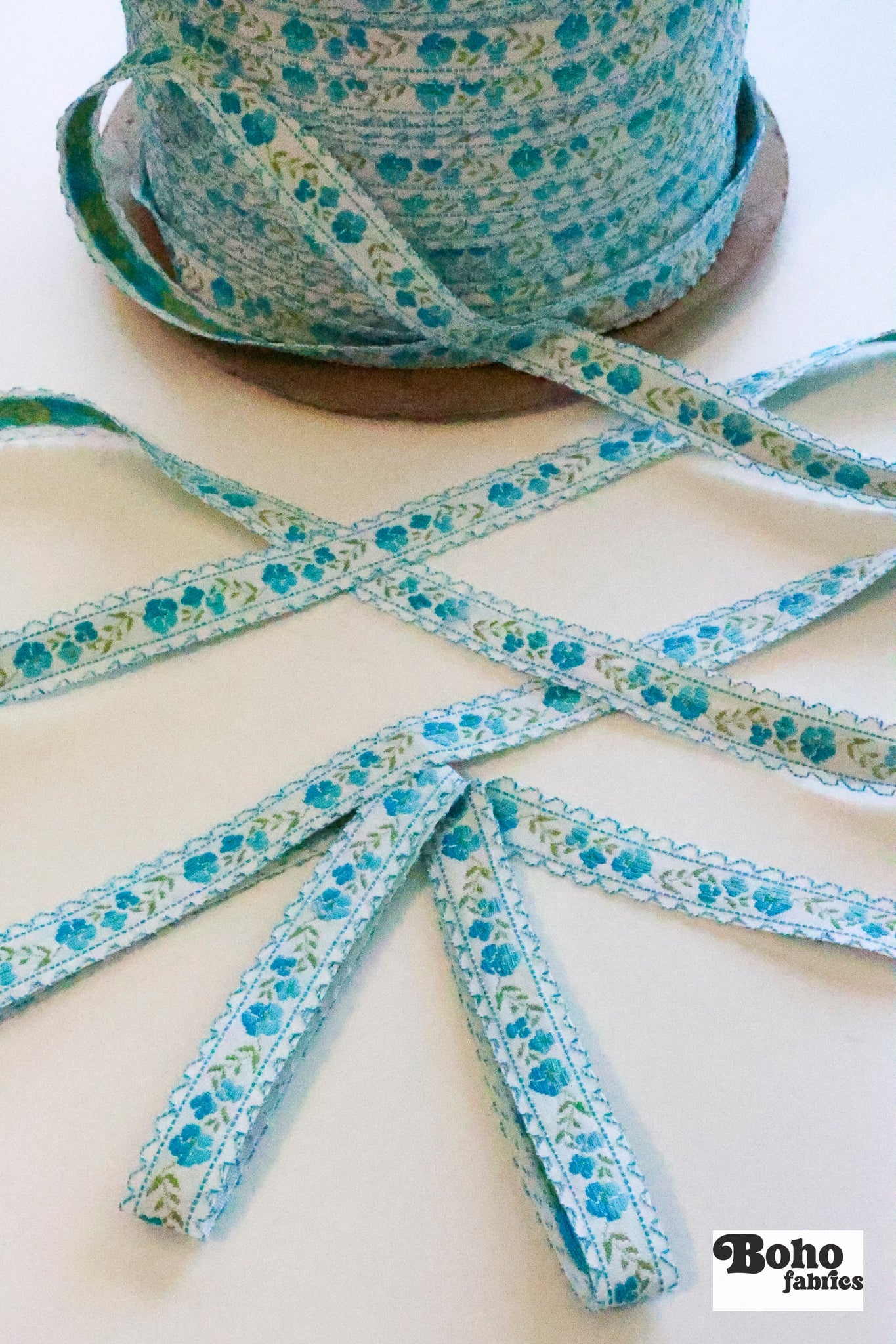Rose Chain in Aqua, 5/8" Vintage Jacquard Woven Trim, TRIM - 066 - Boho Fabrics - Trims