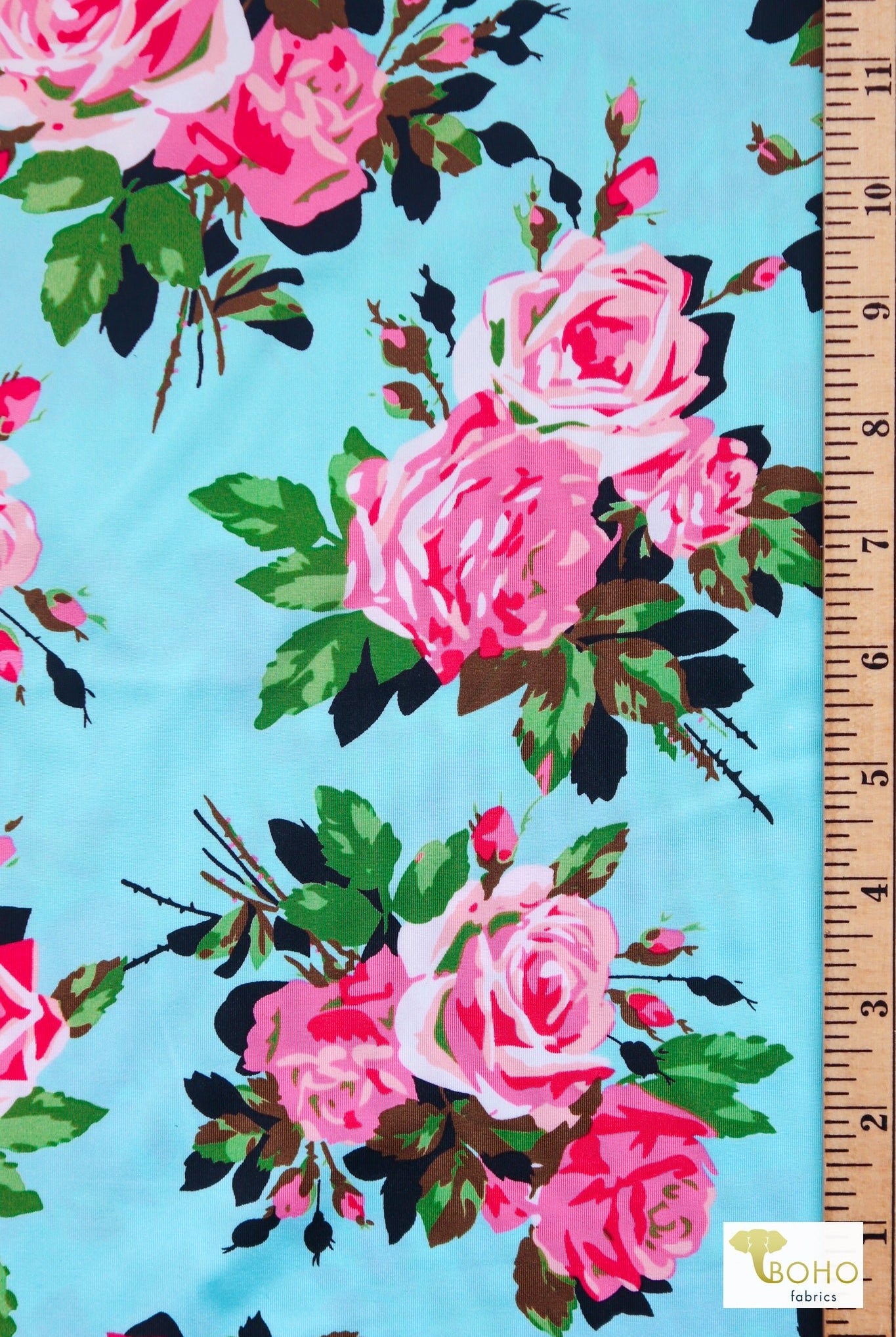 Rose Cutouts on Aqua, - Boho Fabrics - Athletic Knit Fabric
