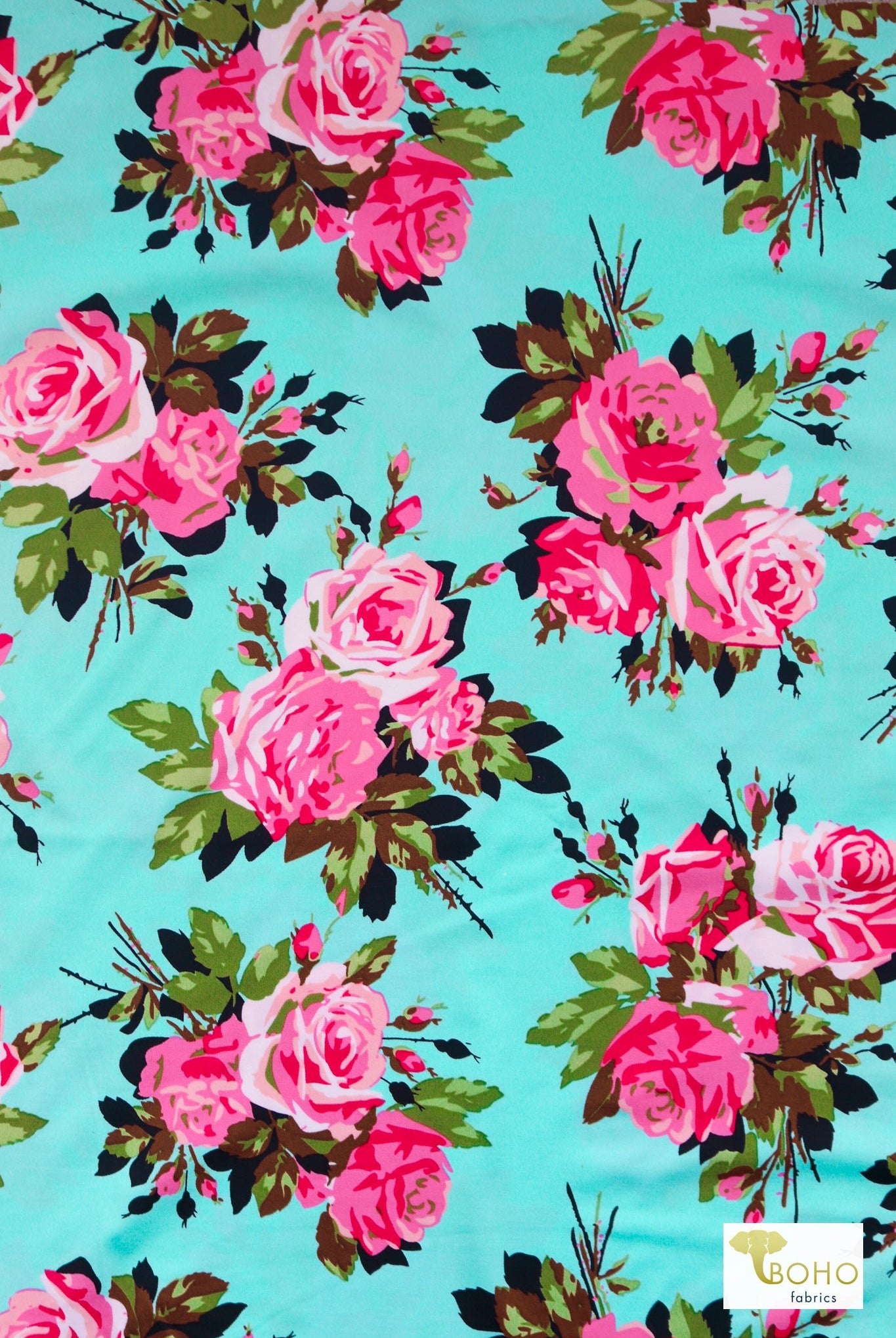 Rose Cutouts on Aqua, - Boho Fabrics - Athletic Knit Fabric