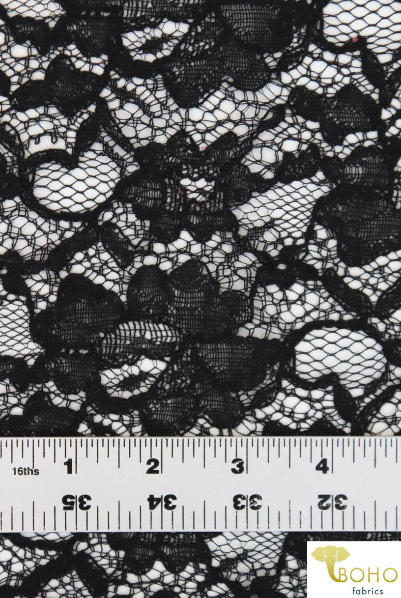 Rosey Gardens in Black. Cotton Lace Woven Fabric. WV-146-BLK - Boho Fabrics