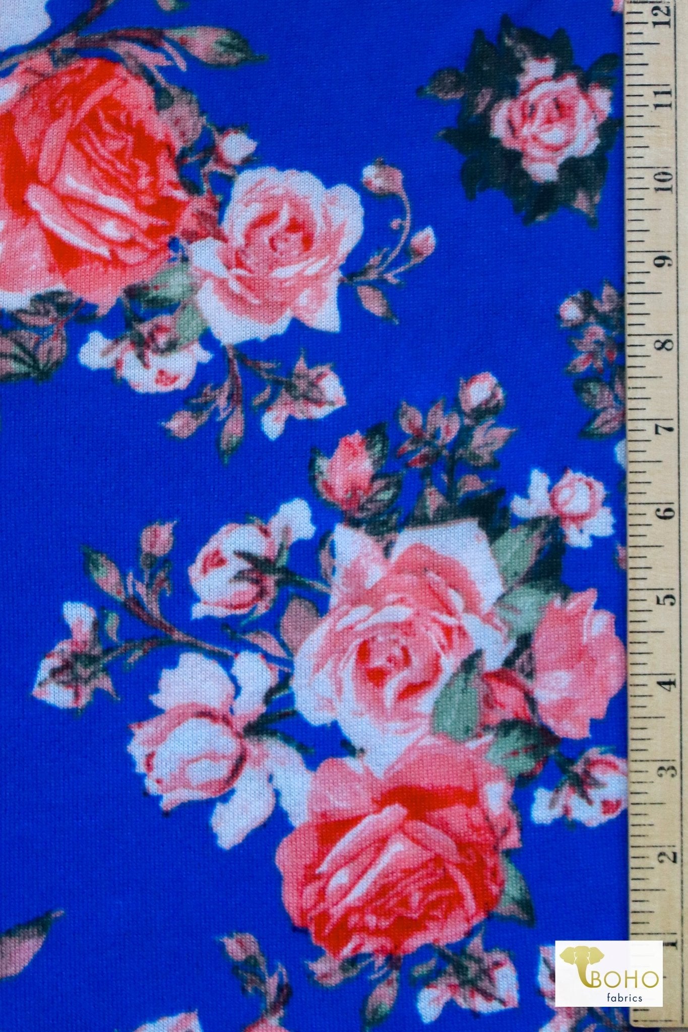 Royal Blue Roses, Brushed Sweater Knit - Boho Fabrics