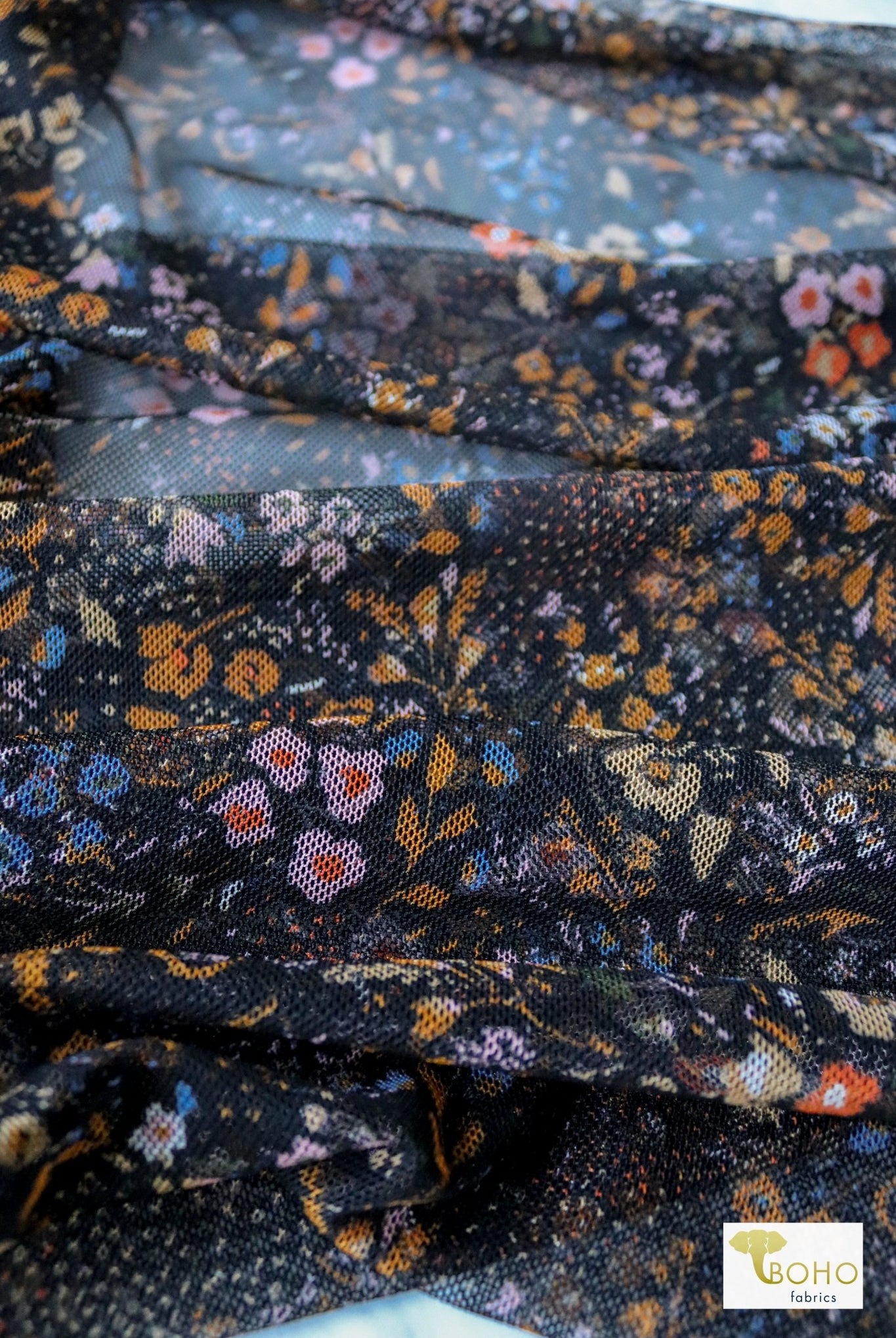 Rust Florals, Stretch Mesh Printed Fabric. - Boho Fabrics