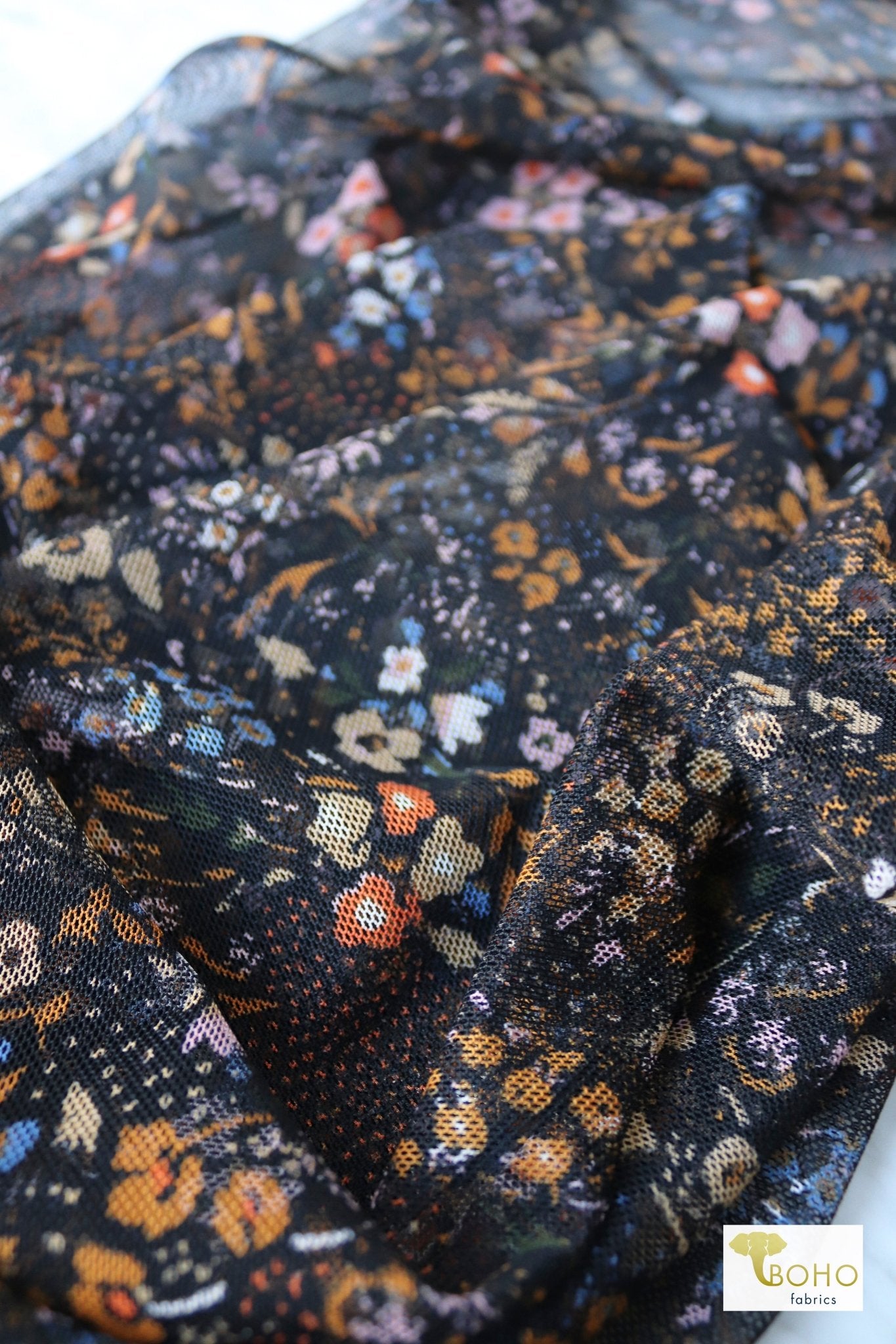 Rust Florals, Stretch Mesh Printed Fabric. - Boho Fabrics