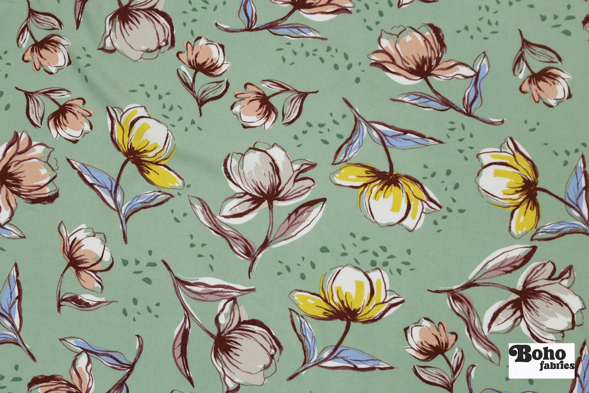 Sage Green Watercolor Blooms Rayon Challis Woven Fabric - Boho Fabrics - Challis, Woven