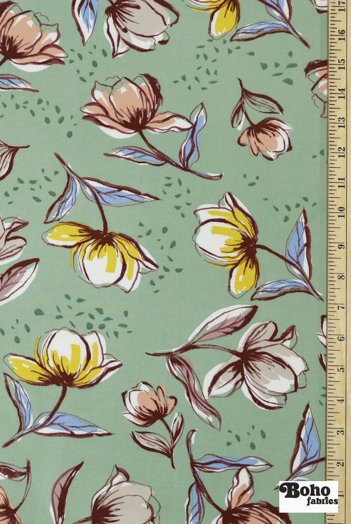 Sage Green Watercolor Blooms Rayon Challis Woven Fabric - Boho Fabrics - Challis, Woven