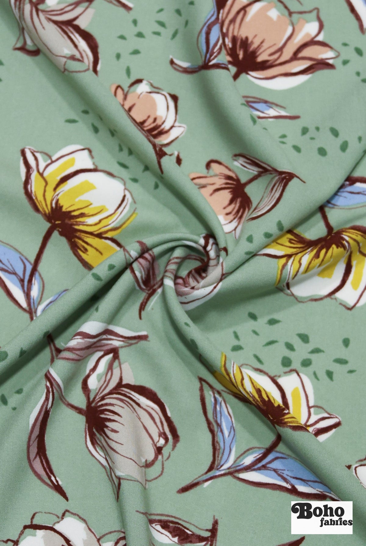 Sage Green Watercolor Blooms Rayon Challis Woven Fabric - Boho Fabrics - Challis, Woven