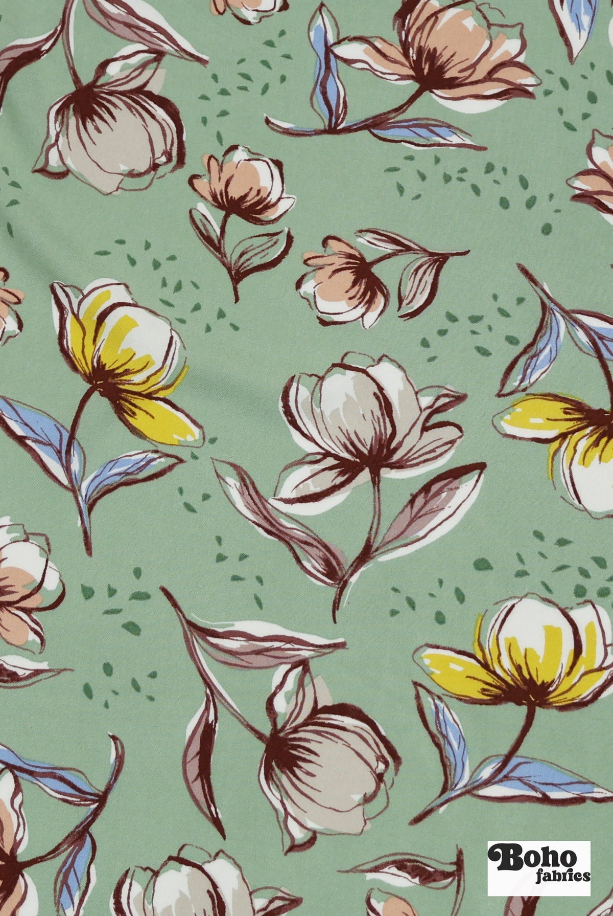 Sage Green Watercolor Blooms Rayon Challis Woven Fabric - Boho Fabrics - Challis, Woven