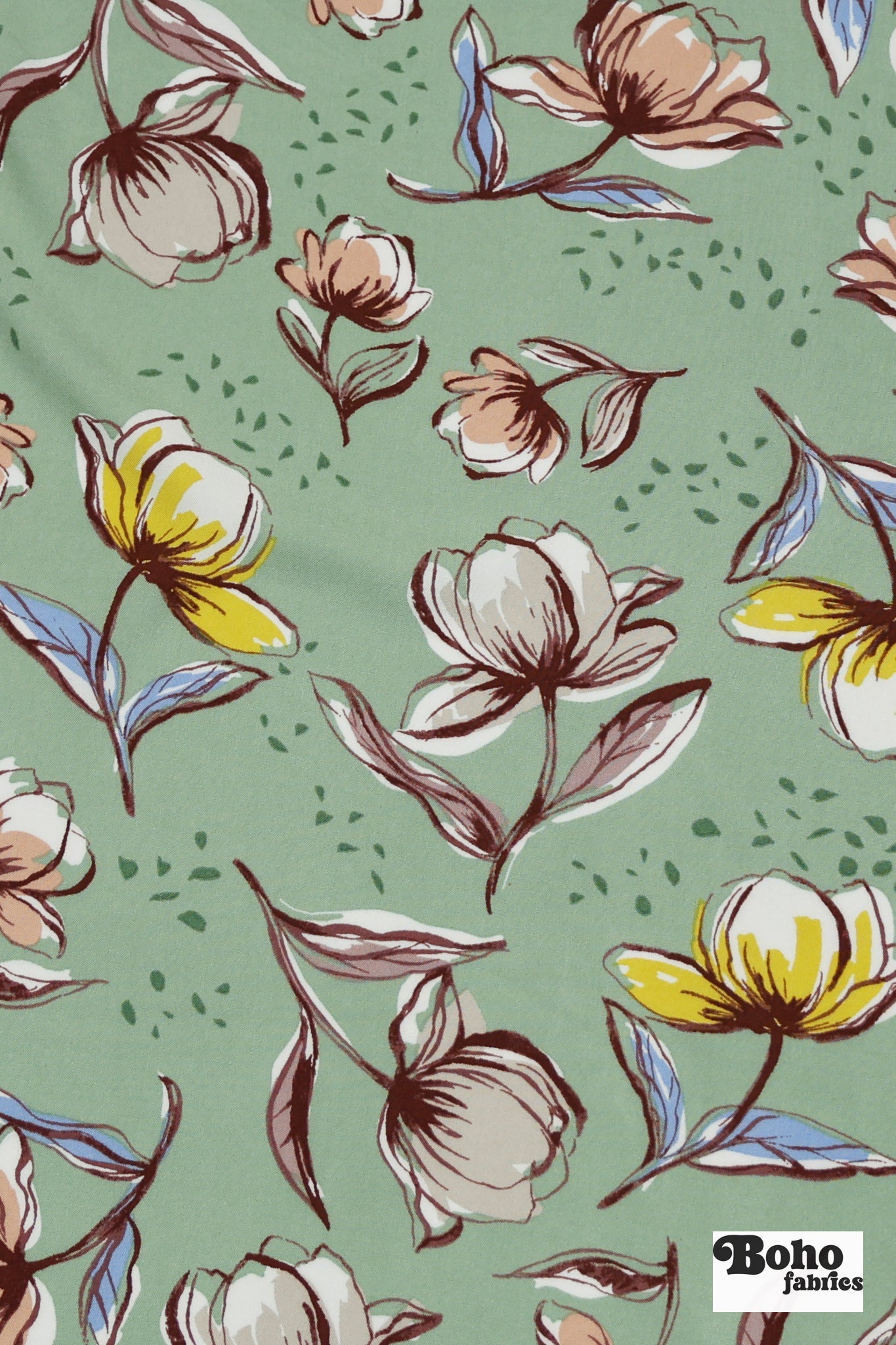 Sage Green Watercolor Blooms Rayon Challis Woven Fabric - Boho Fabrics - Challis, Woven