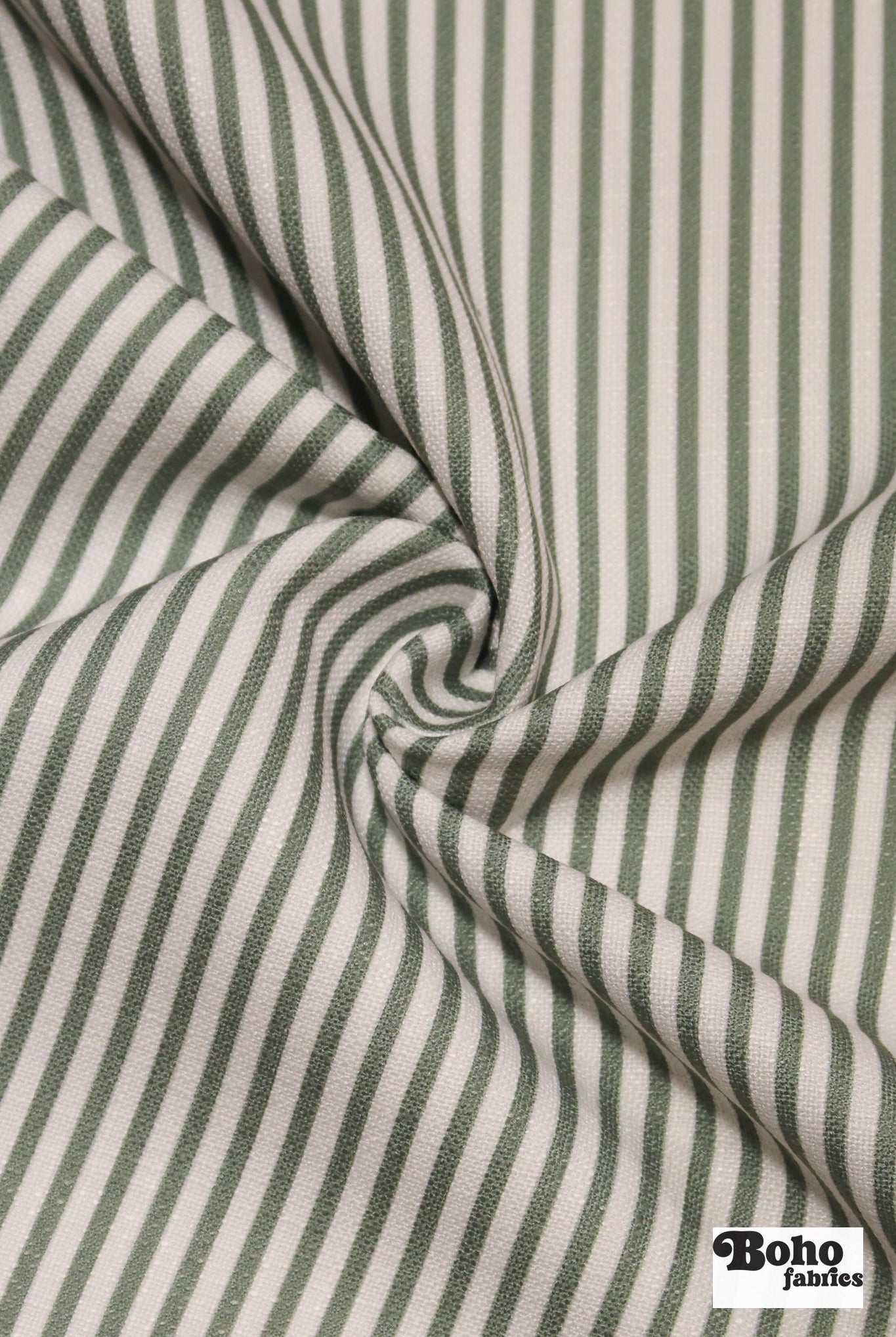 Sage Green & White, 1/4" Narrow Striped Linen-Look Woven Fabric - Boho Fabrics - Home Dec. & Upholstery Fabric