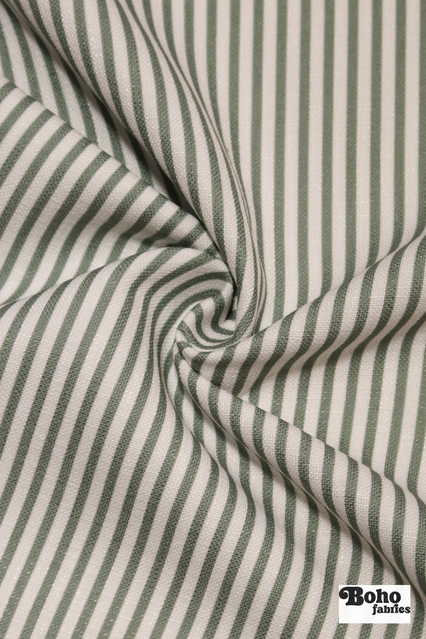 Sage Green & White, 1/4" Narrow Striped Linen-Look Woven Fabric - Boho Fabrics - Home Dec. & Upholstery Fabric