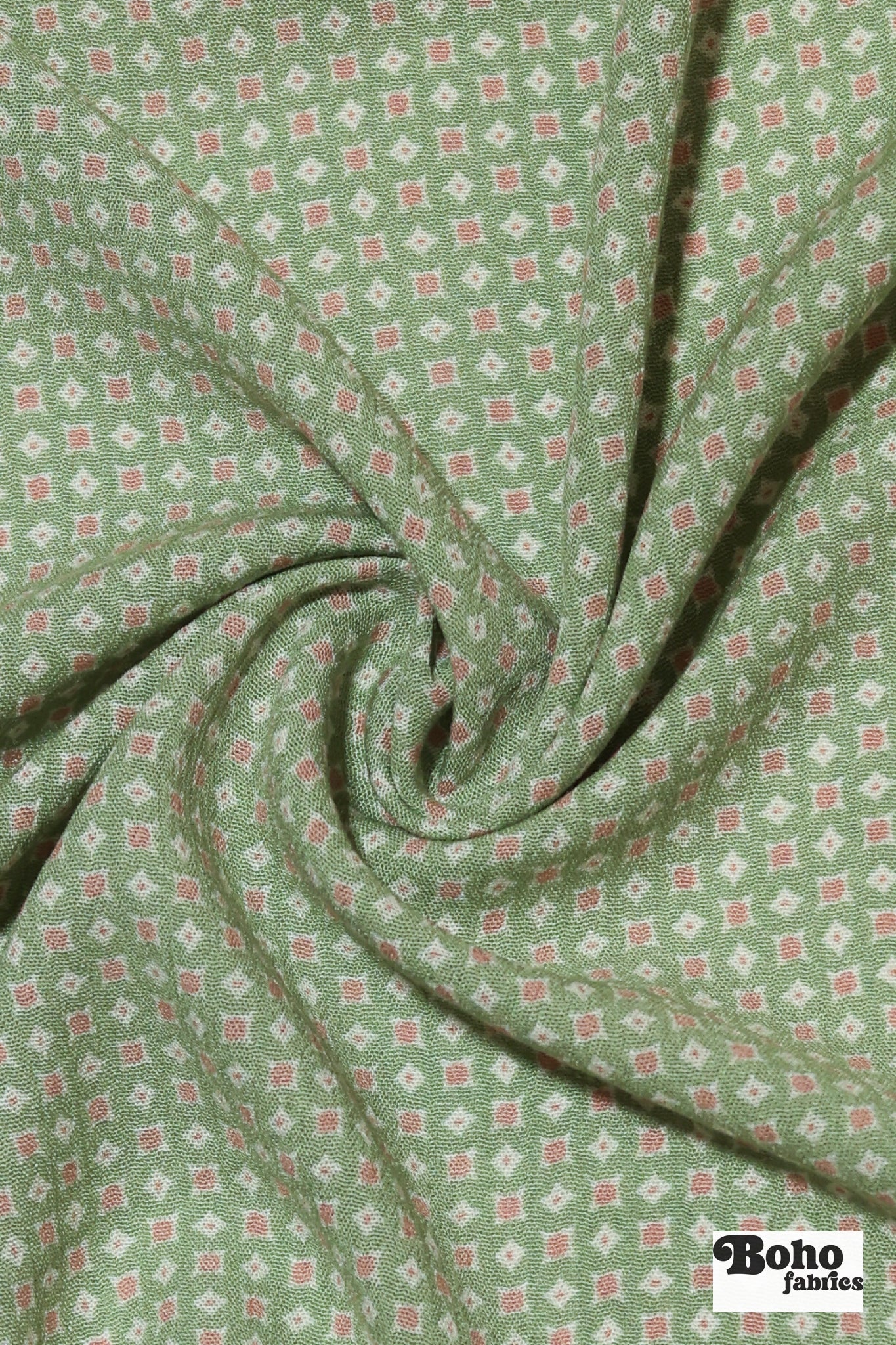 Sage Green with Blush Geometric Rayon Crepe Woven Fabric - Boho Fabrics - Crepe, Woven