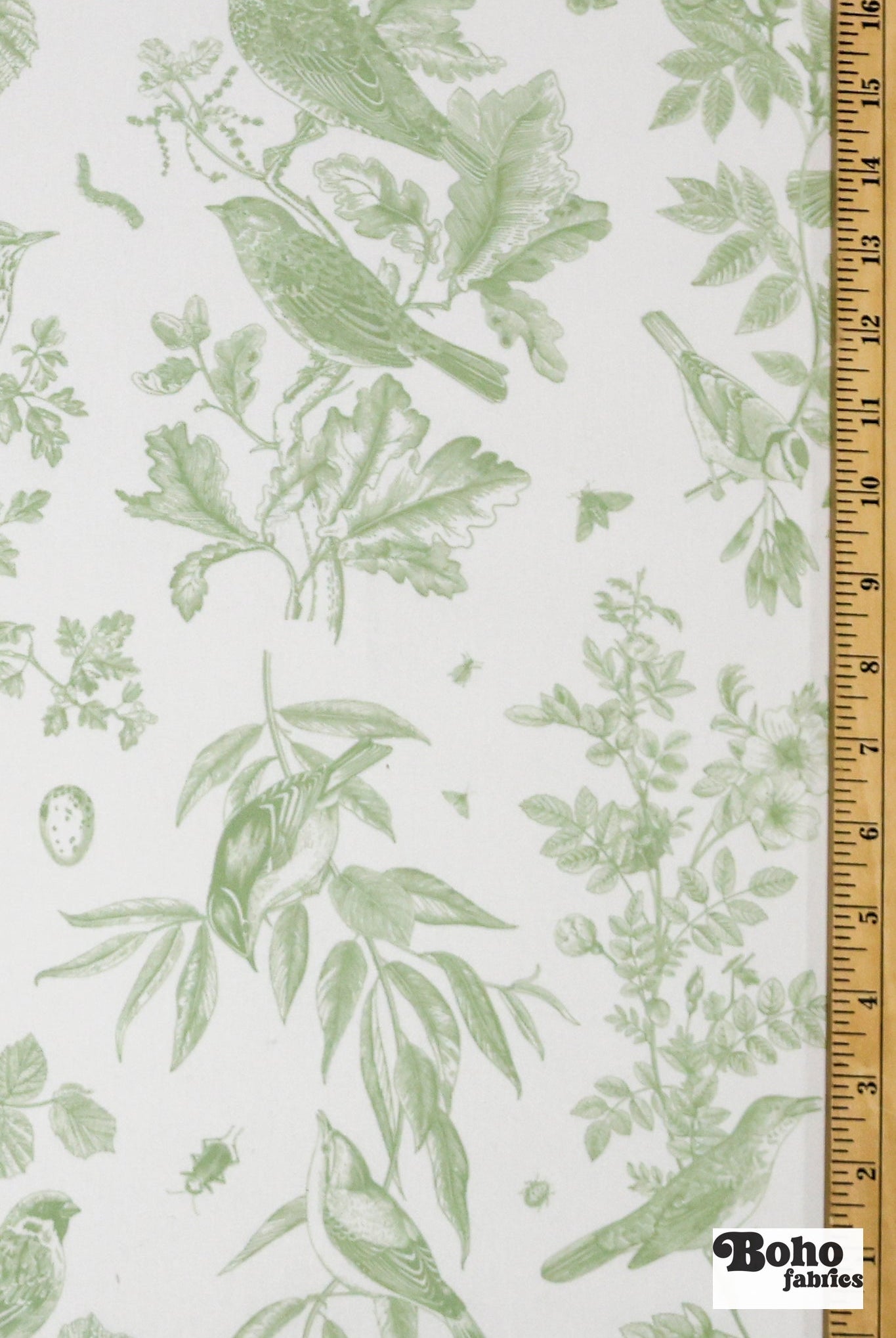 Sage Green Woodland Birds Canvas Woven Fabric - Boho Fabrics - Canvas Fabric
