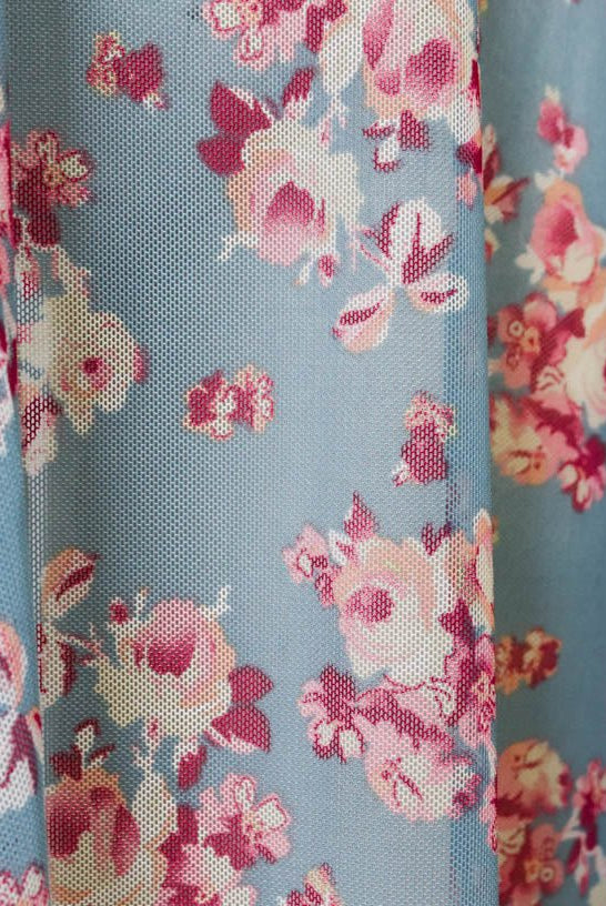 Sakura Pink Florals on Blue. Power Mesh. SM-103-BLU. - Boho Fabrics