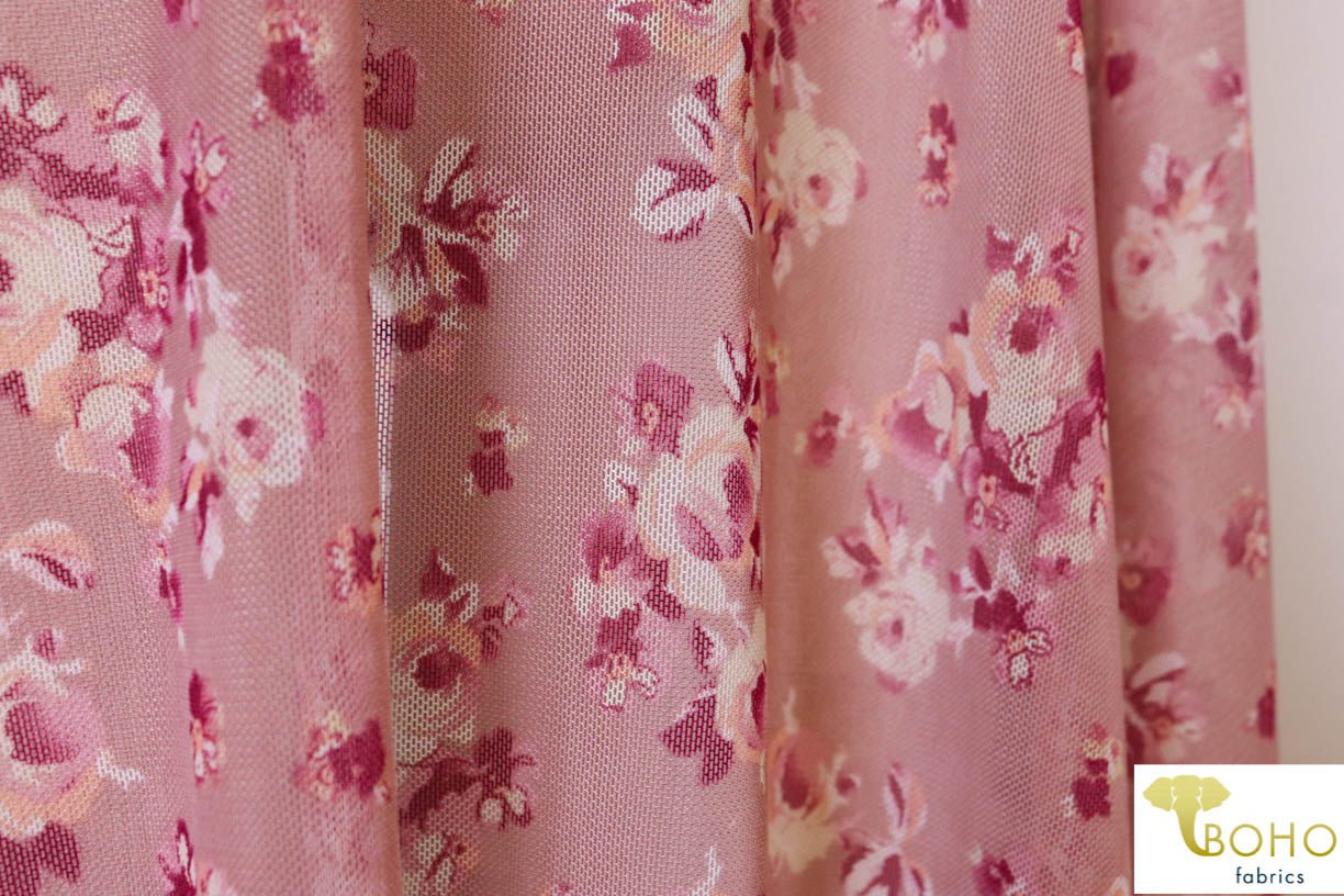 Sakura Pink Florals on Mauve. Power Mesh. SM-103-MVE. - Boho Fabrics