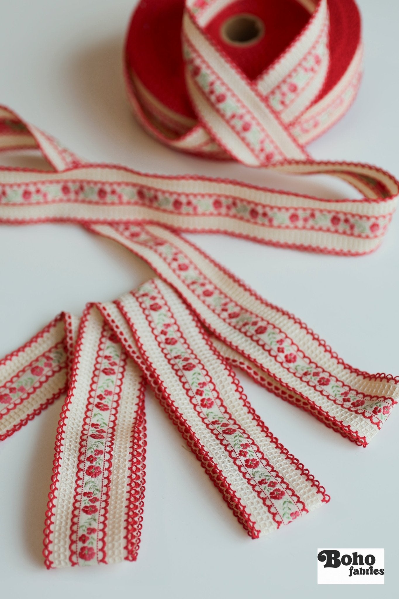 Scalloped Red Roses. 1.5" Jacquard Woven Trim. TRIM - 023 - Boho Fabrics - Trims