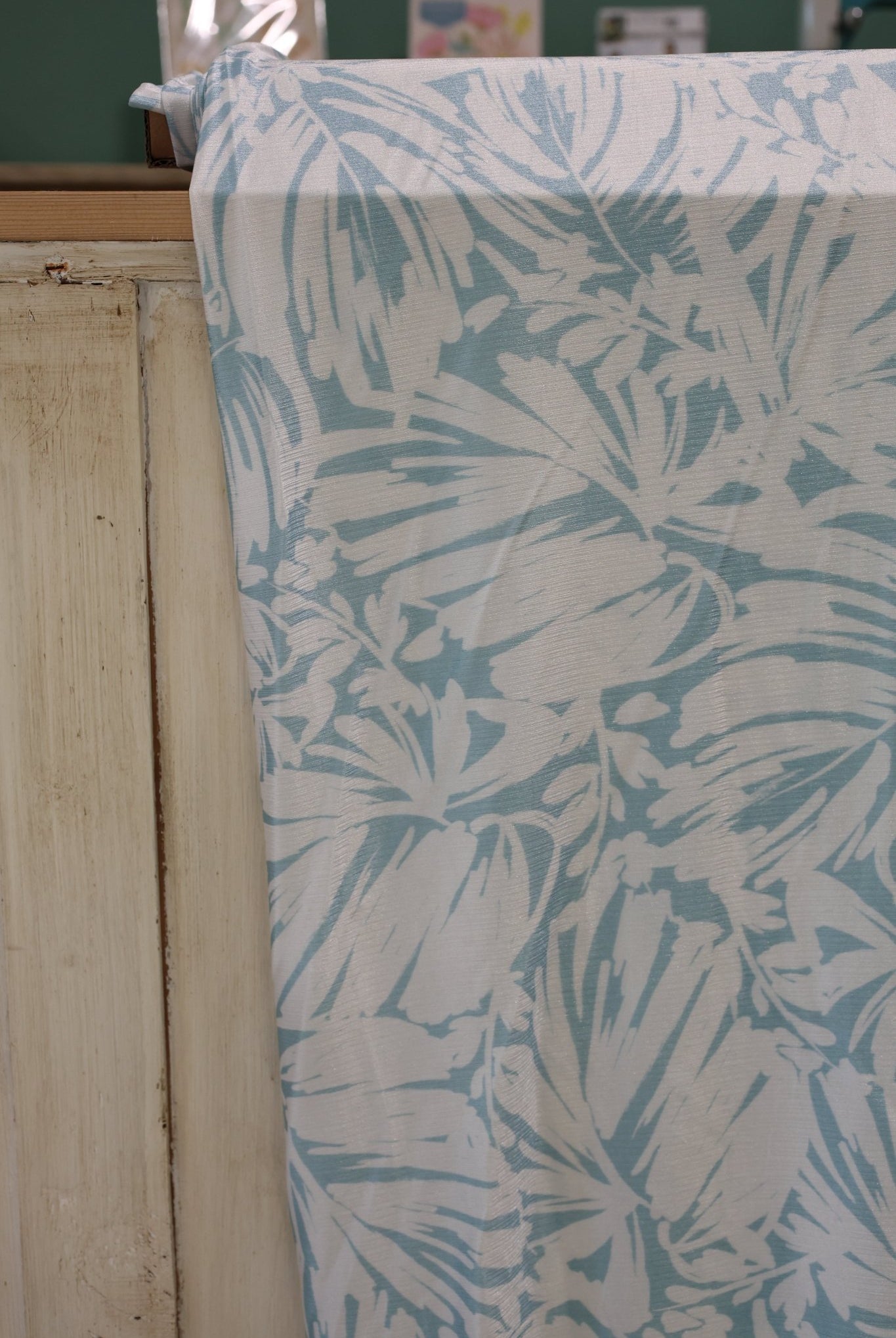 Shimmer Palms, Light Blue, Athletic Knit Fabric - Boho Fabrics - Special Occasion Fabric