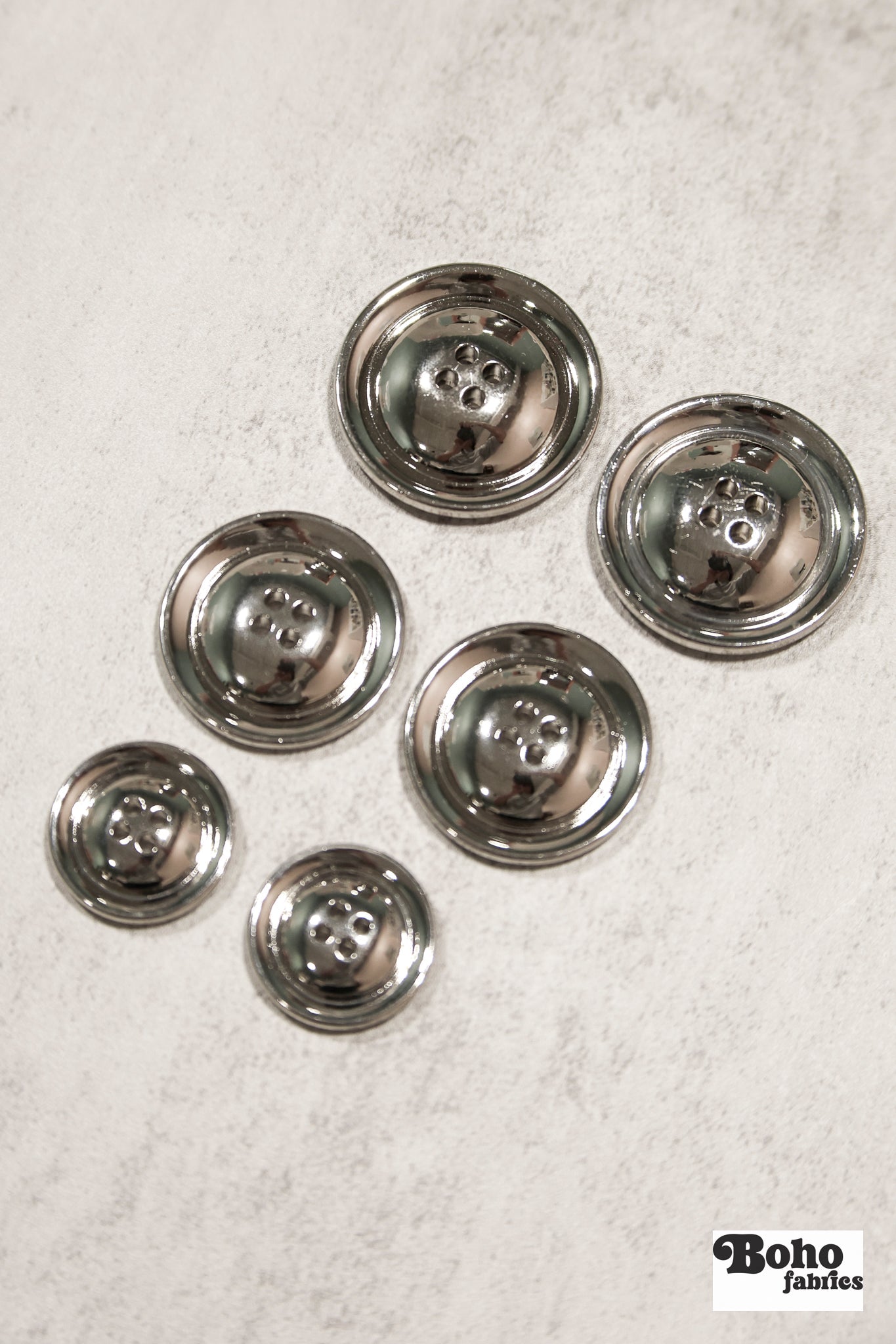 Silver, 4 Hole Plastic Buttons. 28L (18mm/11/16"), 36L (23mm/7/8"), 48L (30mm/ 1 1/4"), 54L (34mm/ 1 3/8") - Boho Fabrics - Buttons & Snaps