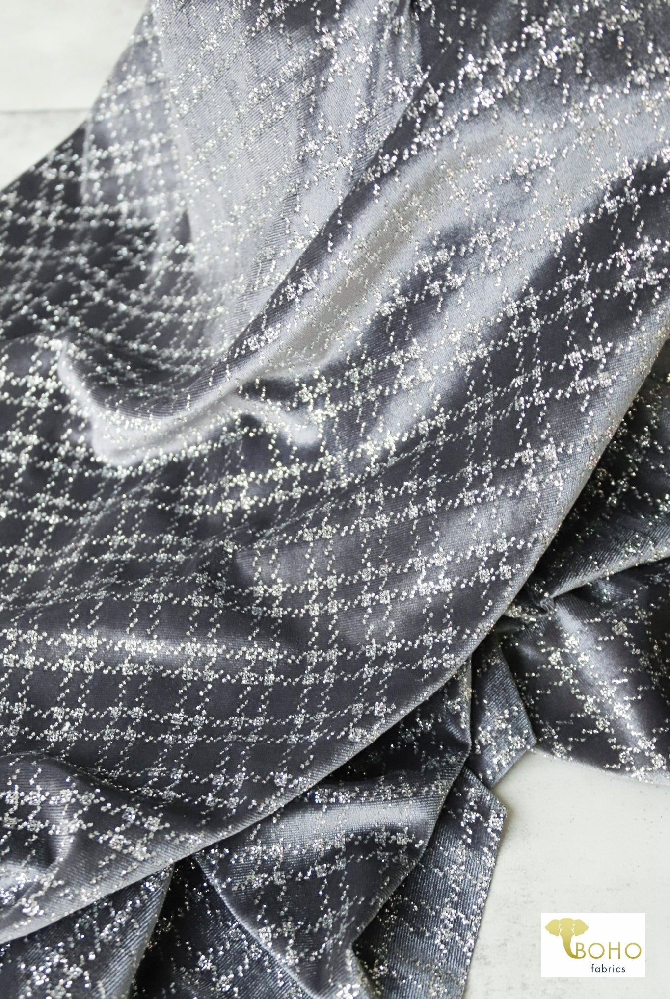 Silver Bells Plaid, Glitter Crushed Stretch Velvet - Boho Fabrics
