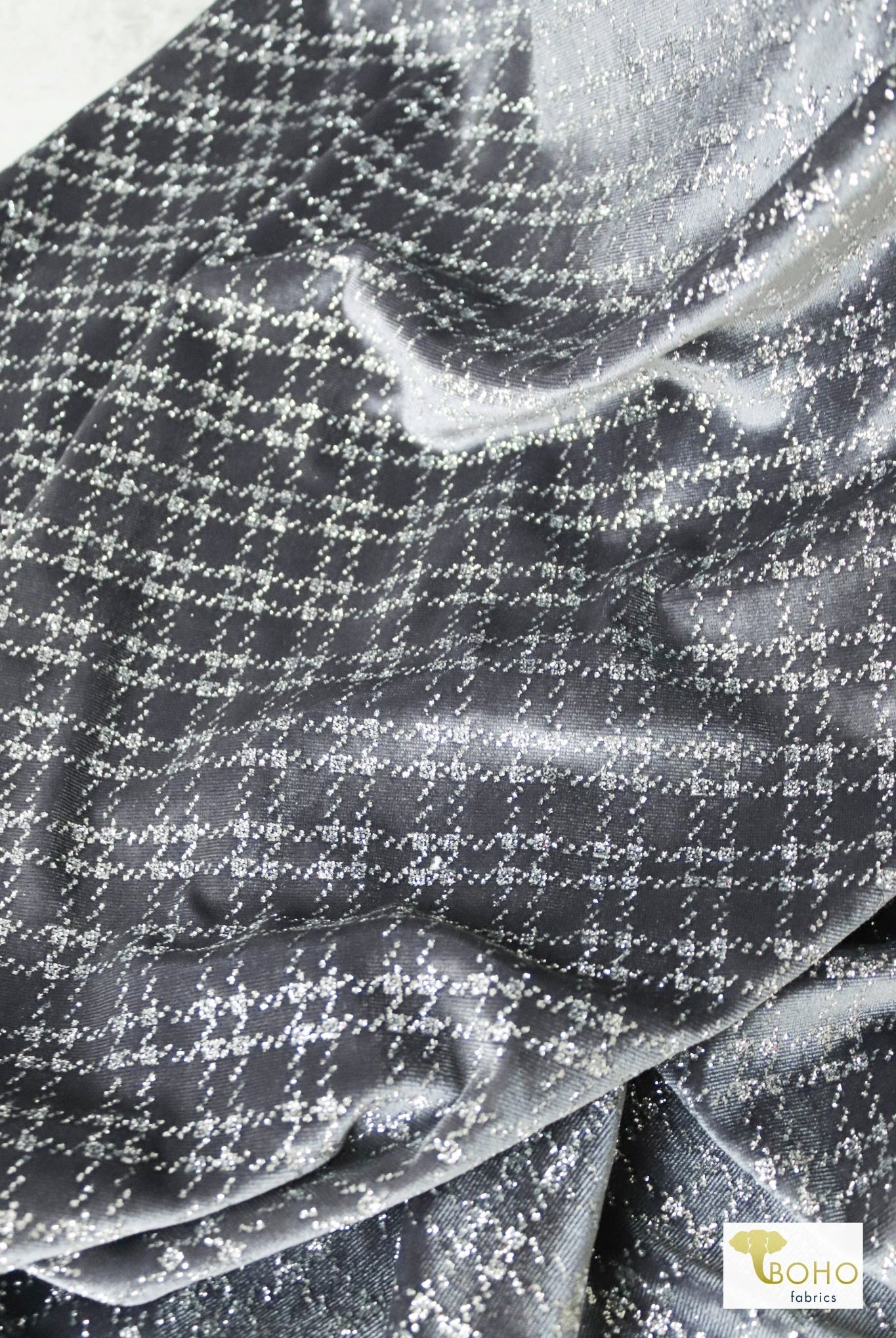 Silver Bells Plaid, Glitter Crushed Stretch Velvet - Boho Fabrics