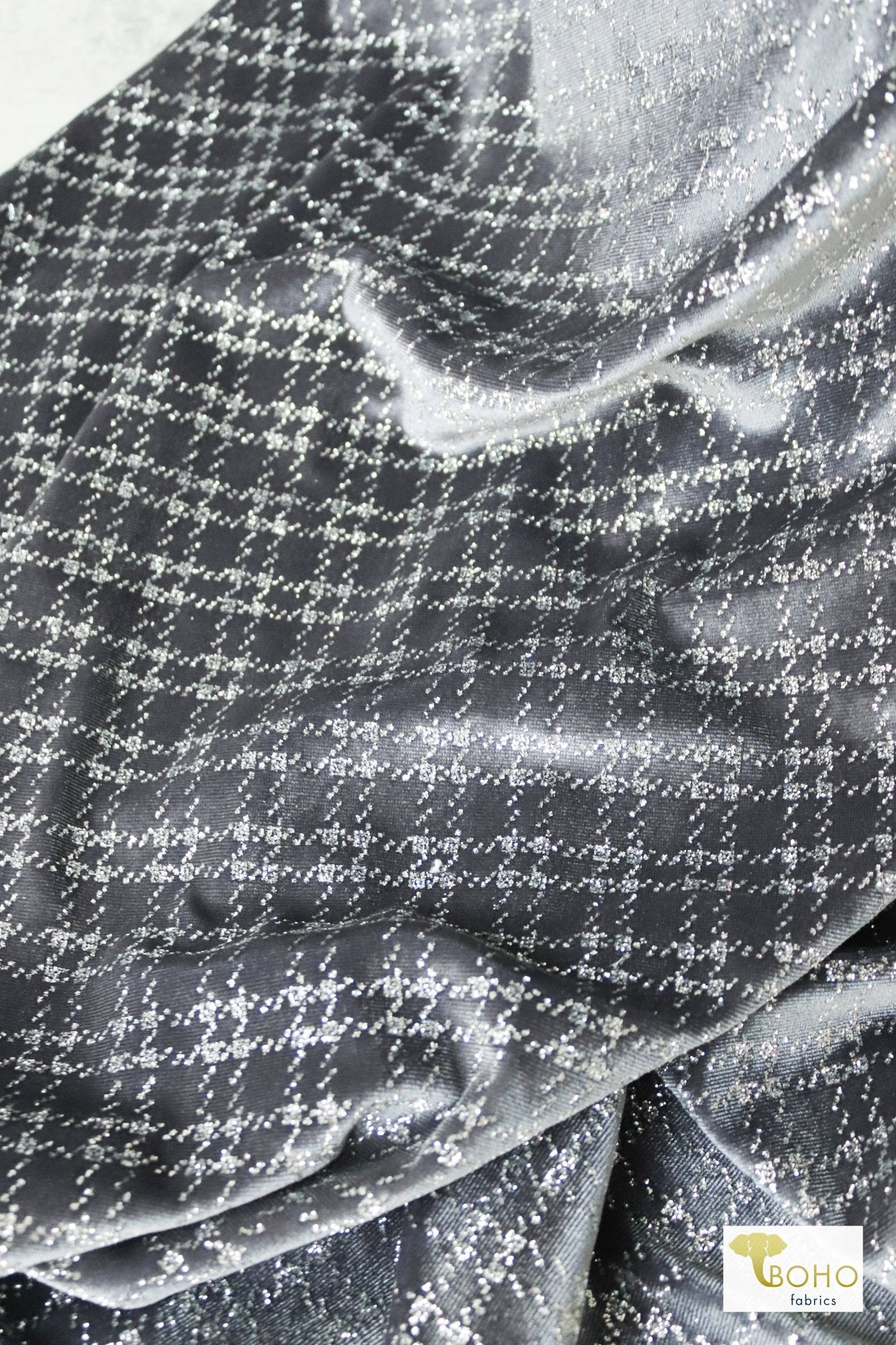 Silver Bells Plaid, Glitter Crushed Stretch Velvet - Boho Fabrics
