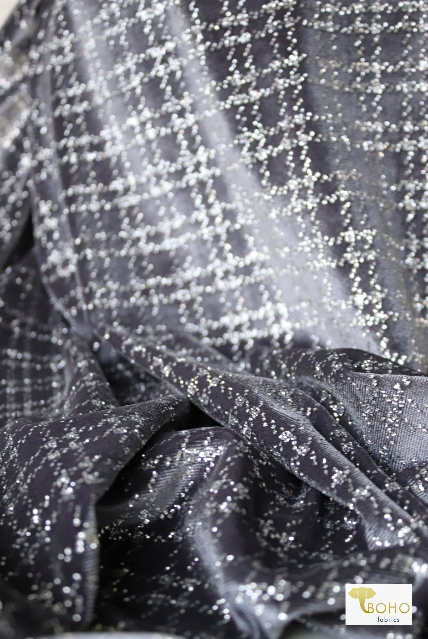 Silver Bells Plaid, Glitter Crushed Stretch Velvet - Boho Fabrics