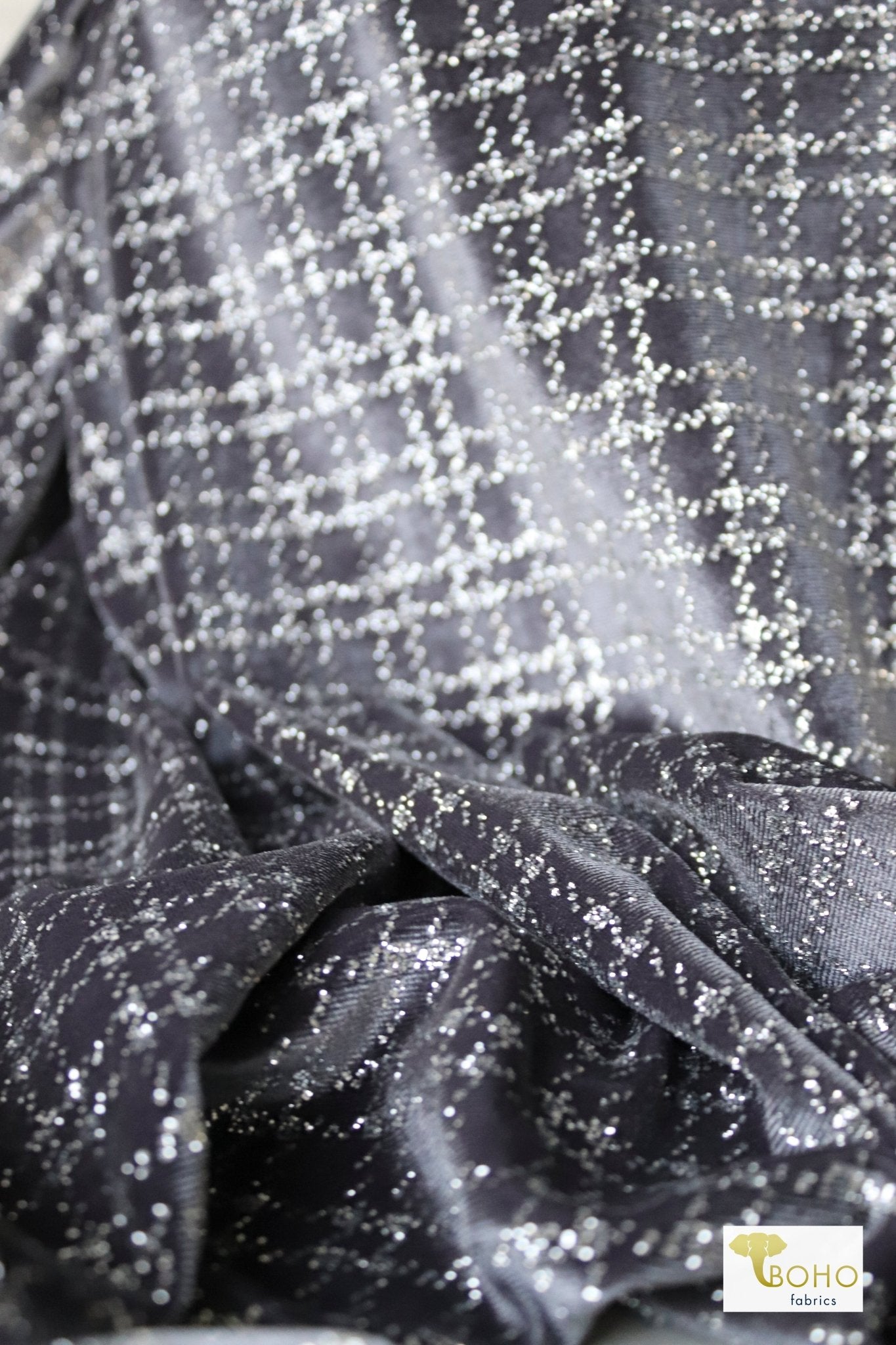Silver Bells Plaid, Glitter Crushed Stretch Velvet - Boho Fabrics