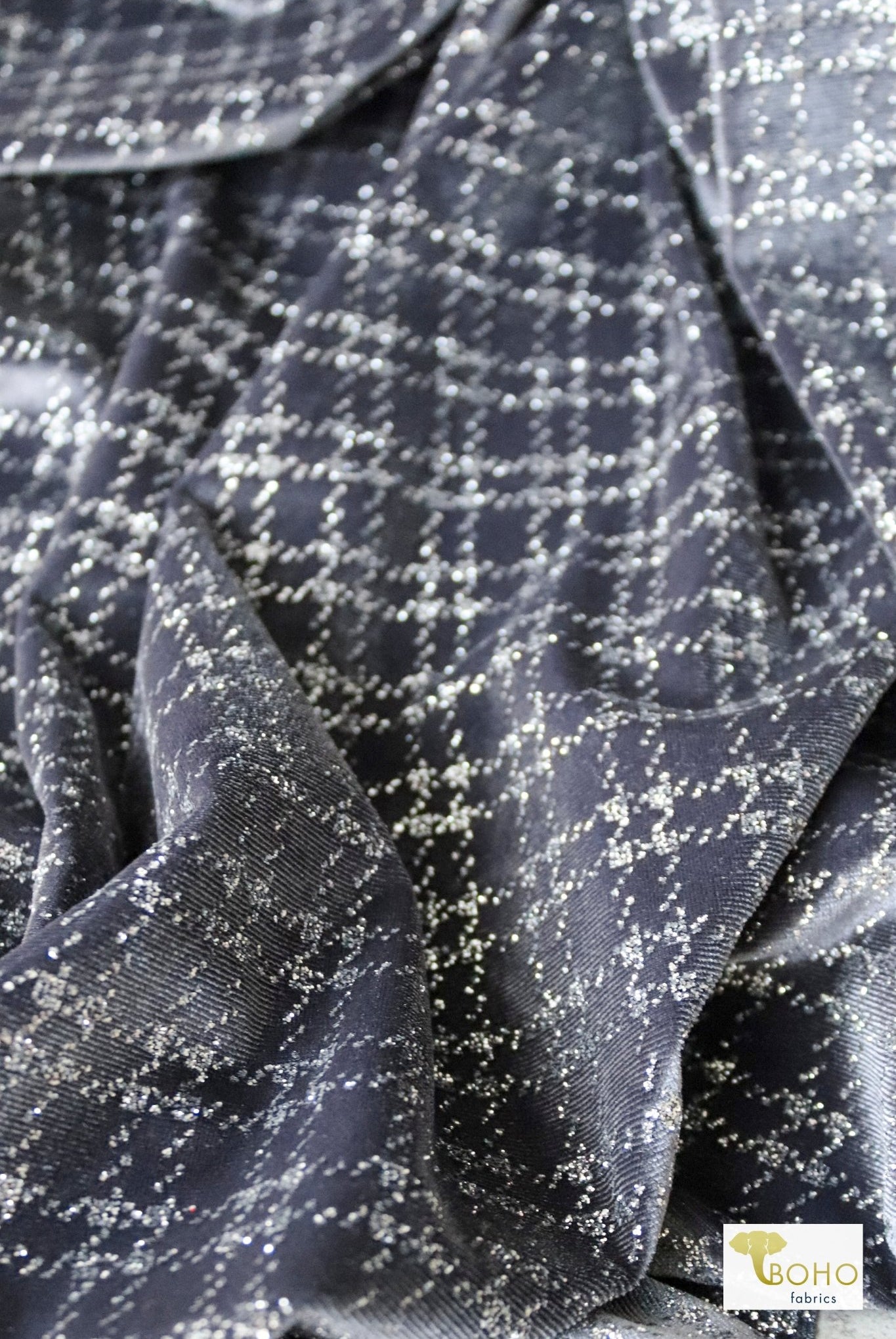 Silver Bells Plaid, Glitter Crushed Stretch Velvet - Boho Fabrics