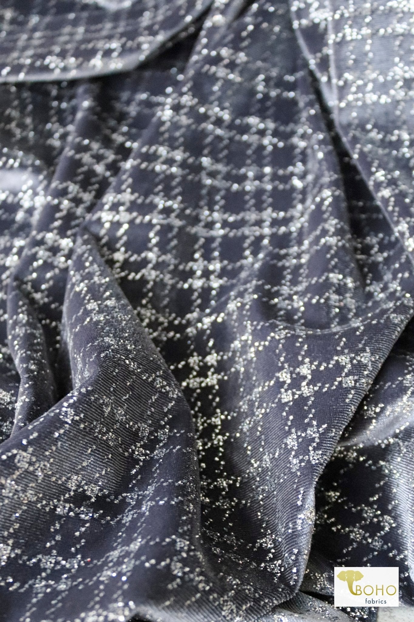 Silver Bells Plaid, Glitter Crushed Stretch Velvet - Boho Fabrics