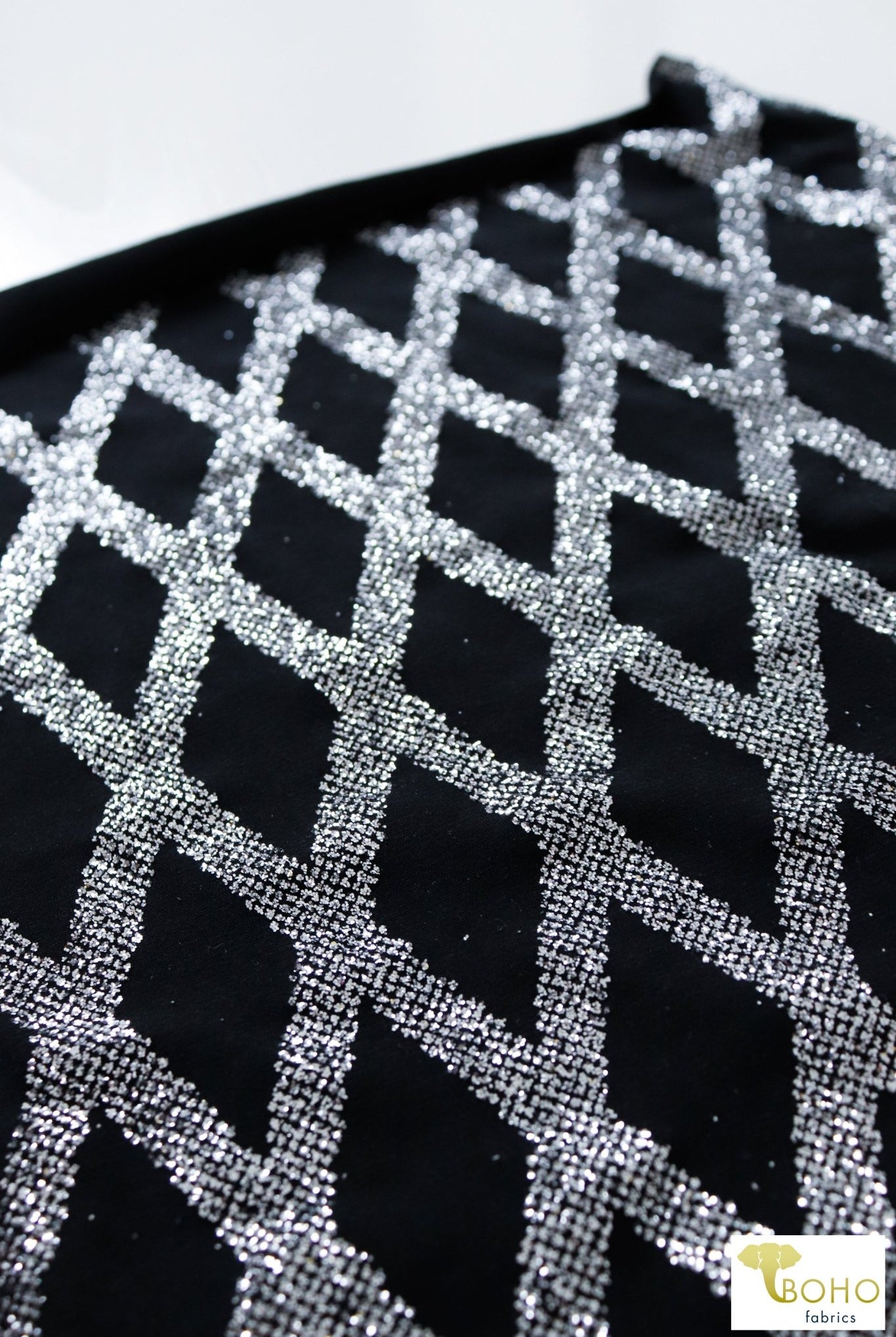 Silver Diamonds on Black. Glitter Novelty Knit - Boho Fabrics