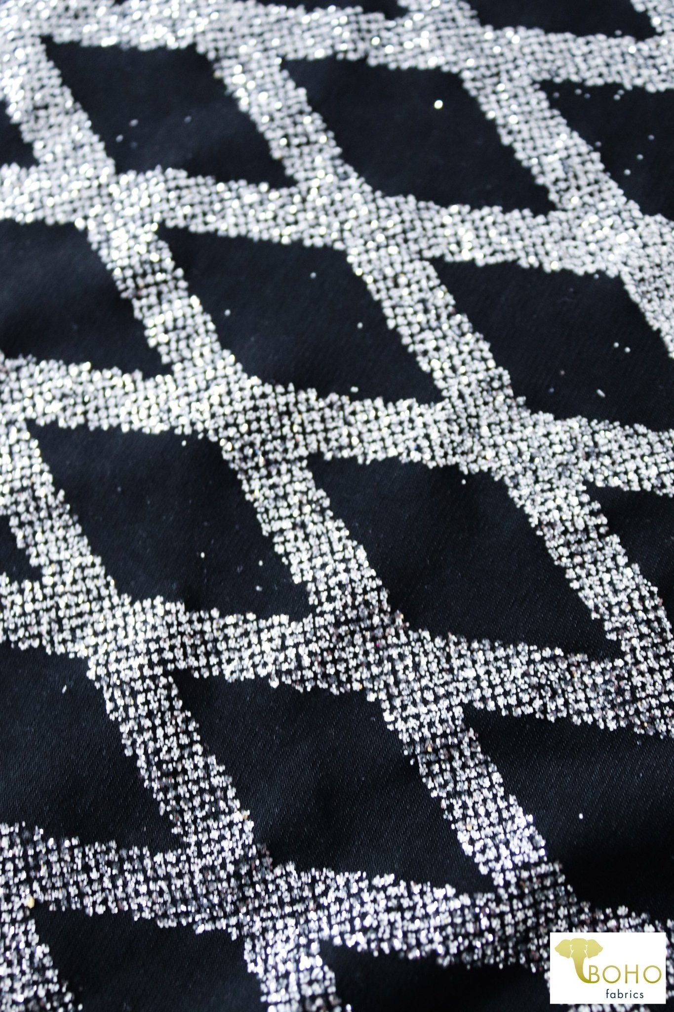 Silver Diamonds on Black. Glitter Novelty Knit - Boho Fabrics