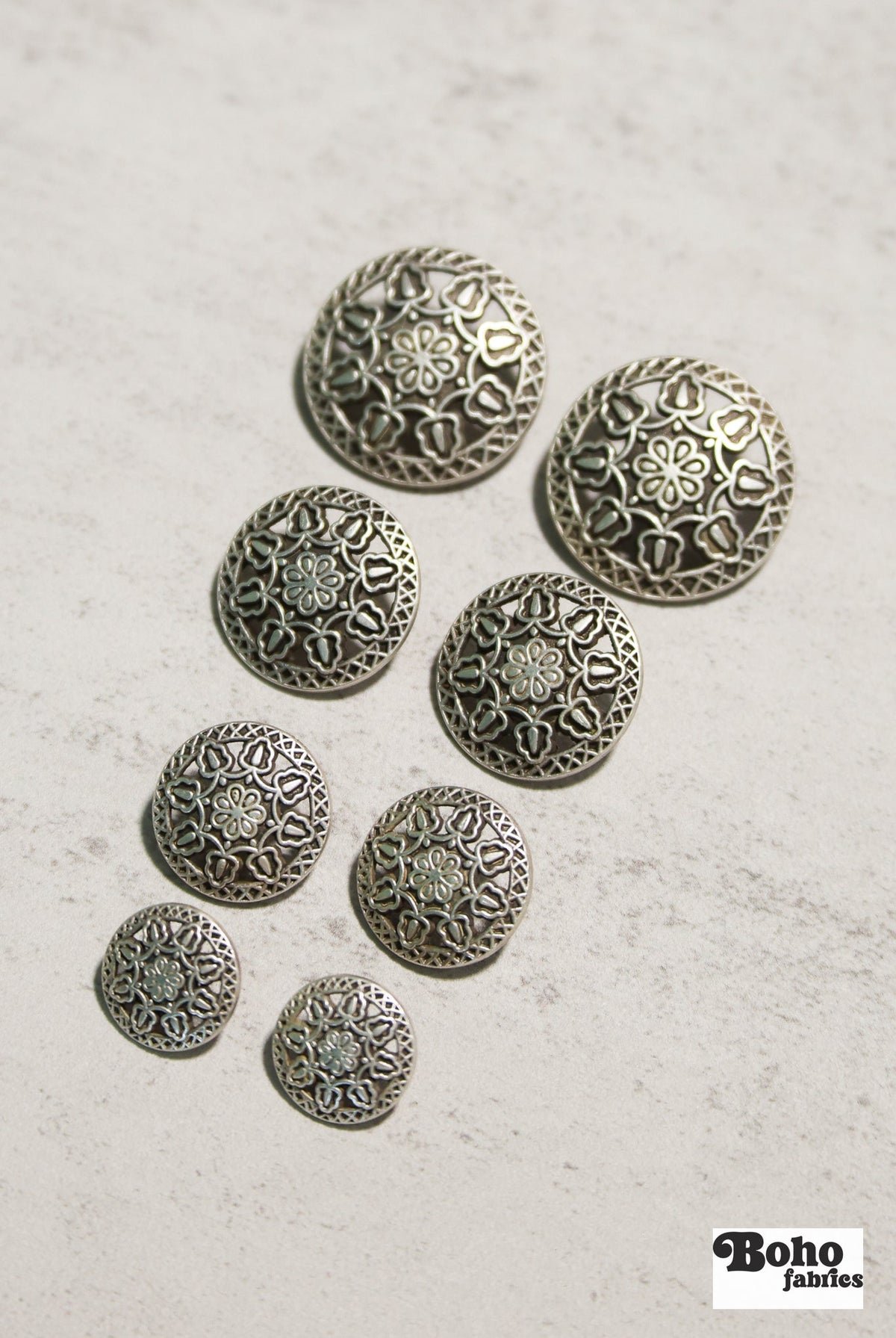 Silver Metal Filigree Shank Buttons. 24L (15mm / 5/8"), 30L (19mm, 3/4"), 36L (23mm, 7/8"), 44L (28mm, 1 1/8") - Boho Fabrics - Buttons & Snaps