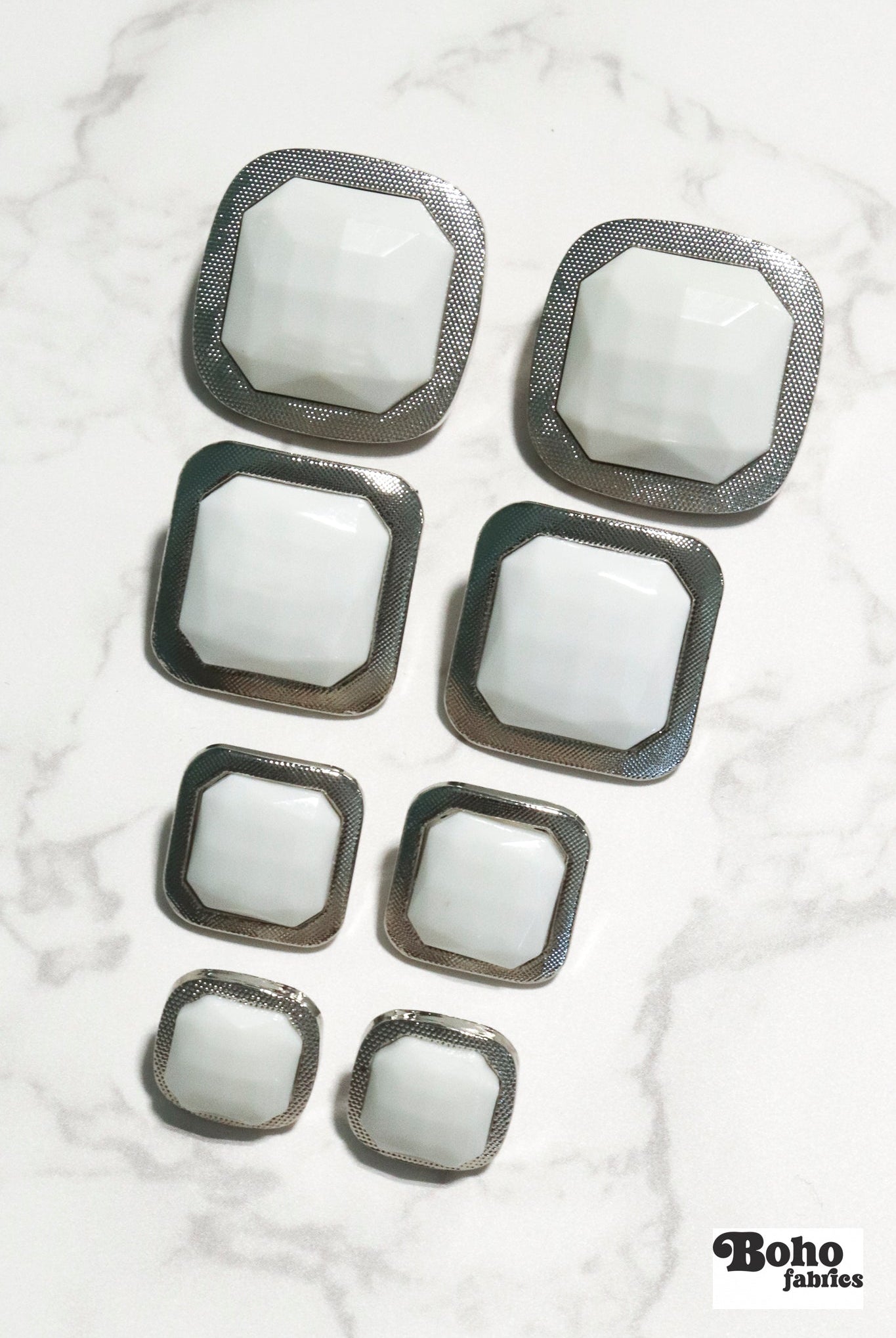 Silver Rimmed White Faceted Square Plastic Shank Buttons. Available in 15mm (24L), 18mm (28L), 25mm (40L), and 28mm (44L) - Boho Fabrics - Buttons & Snaps