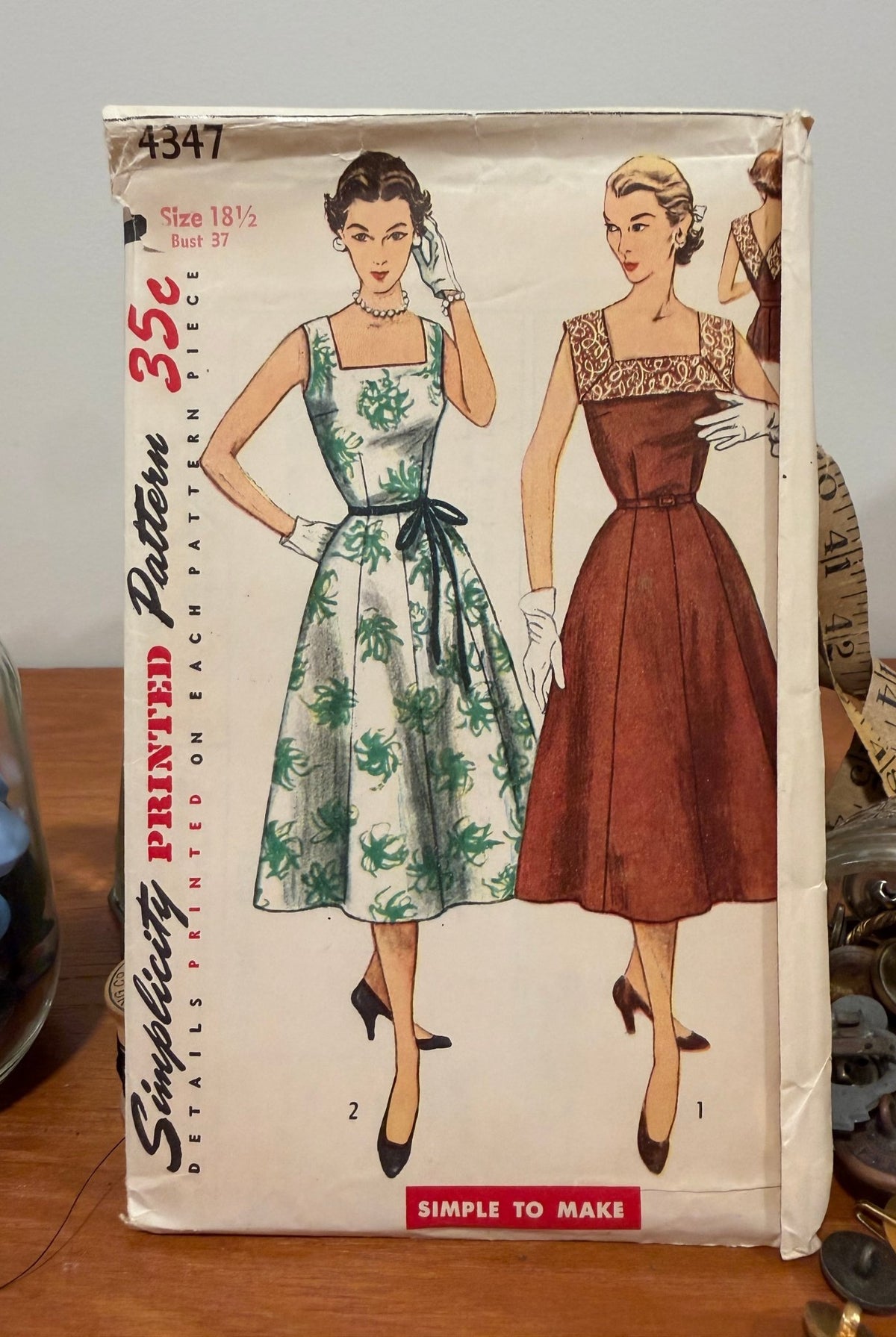 Simplicity Sewing Pattern #4347 — Half-Size One-Piece Dress, Size 18½, Bust 37, Vintage 1950s - Boho Fabrics - Sewing Patterns