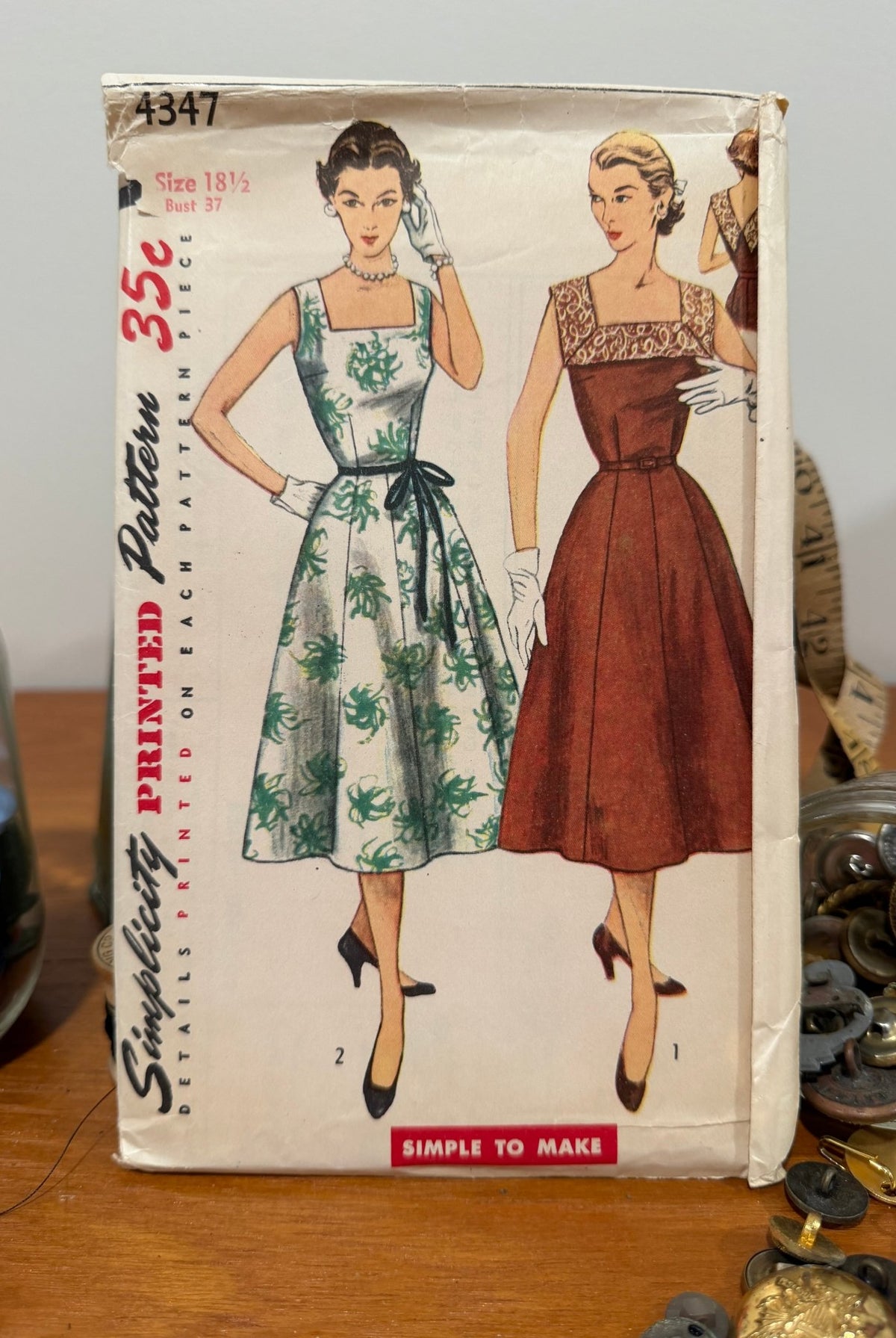 Simplicity Sewing Pattern #4347 — Half-Size One-Piece Dress, Size 18½, Bust 37, Vintage 1950s - Boho Fabrics - Sewing Patterns