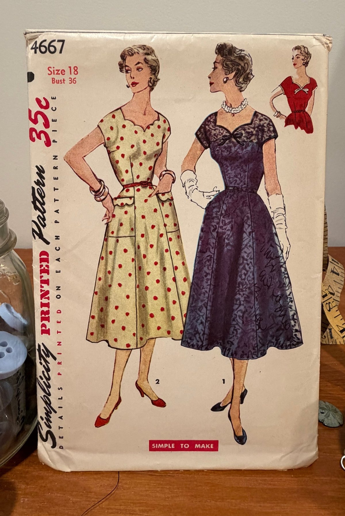 Simplicity Sewing Pattern #4667 — One-Piece Dress, Size 18, Bust 36, Vintage 1950s - Boho Fabrics - Sewing Patterns