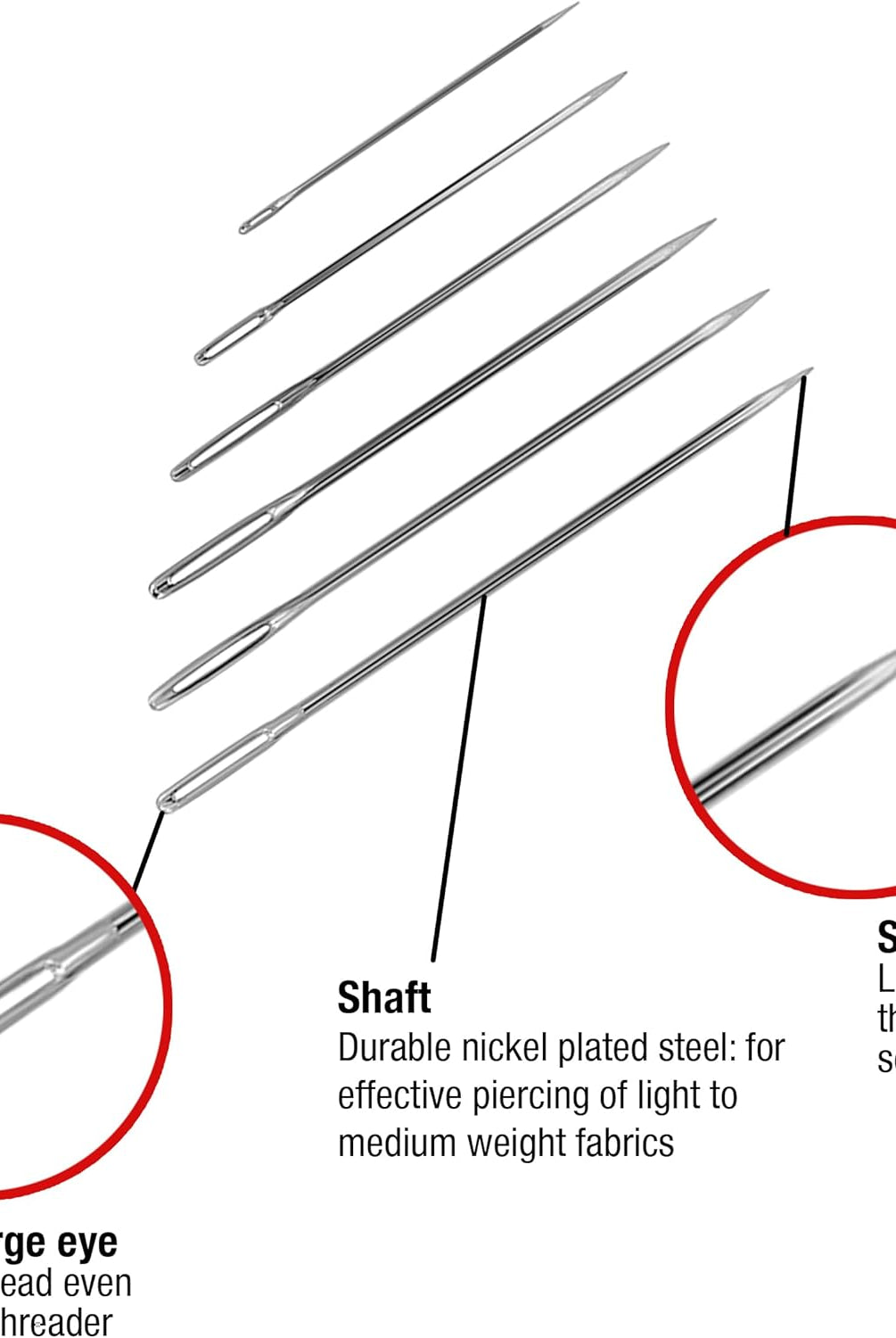 SINGER 50ct Assorted Large Eye Needles for Hand Sewing, Self - Threading Sewing Needles, 6 Sizes - Boho Fabrics - Sewing Needles