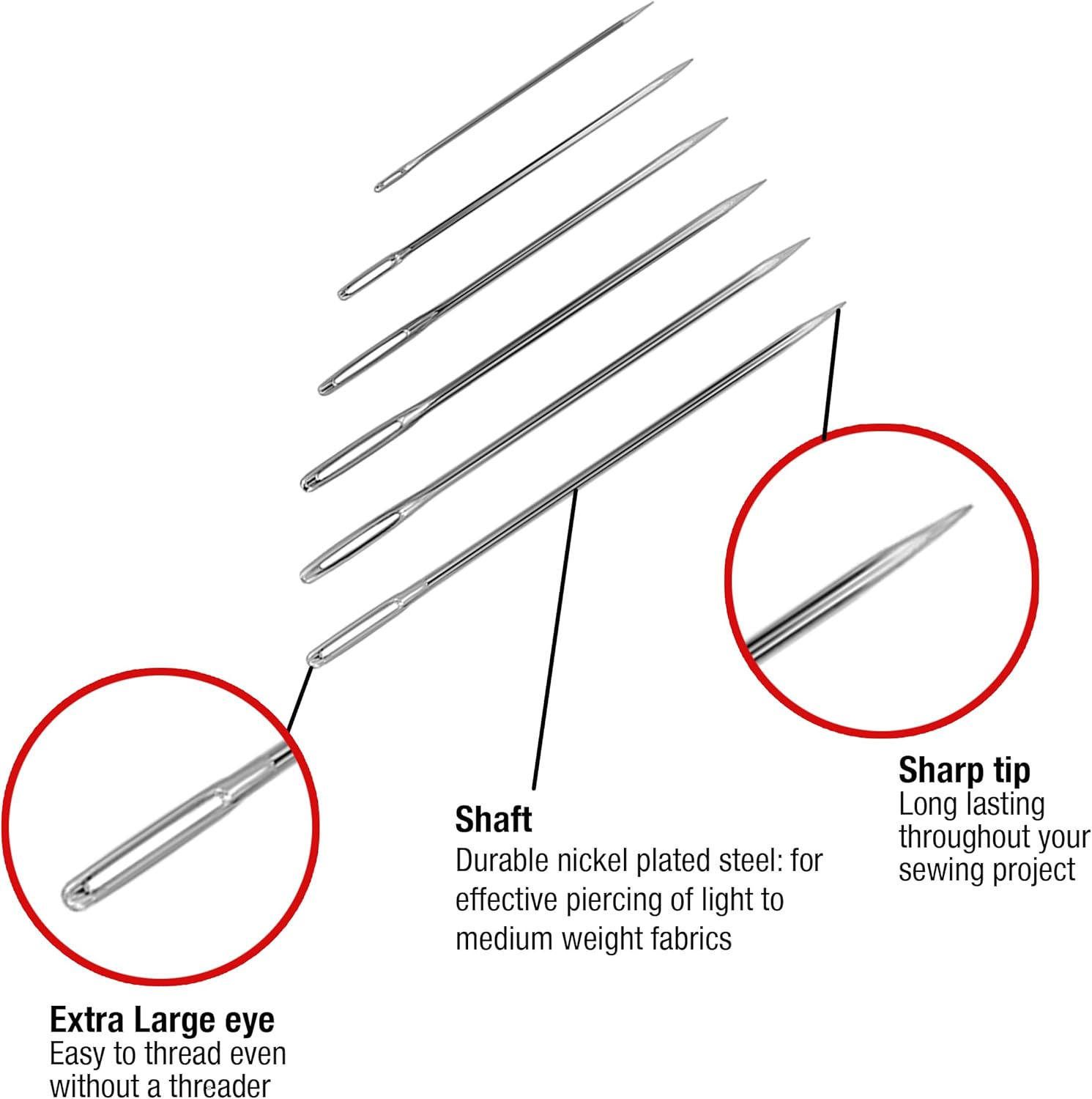 SINGER 50ct Assorted Large Eye Needles for Hand Sewing, Self - Threading Sewing Needles, 6 Sizes - Boho Fabrics - Sewing Needles