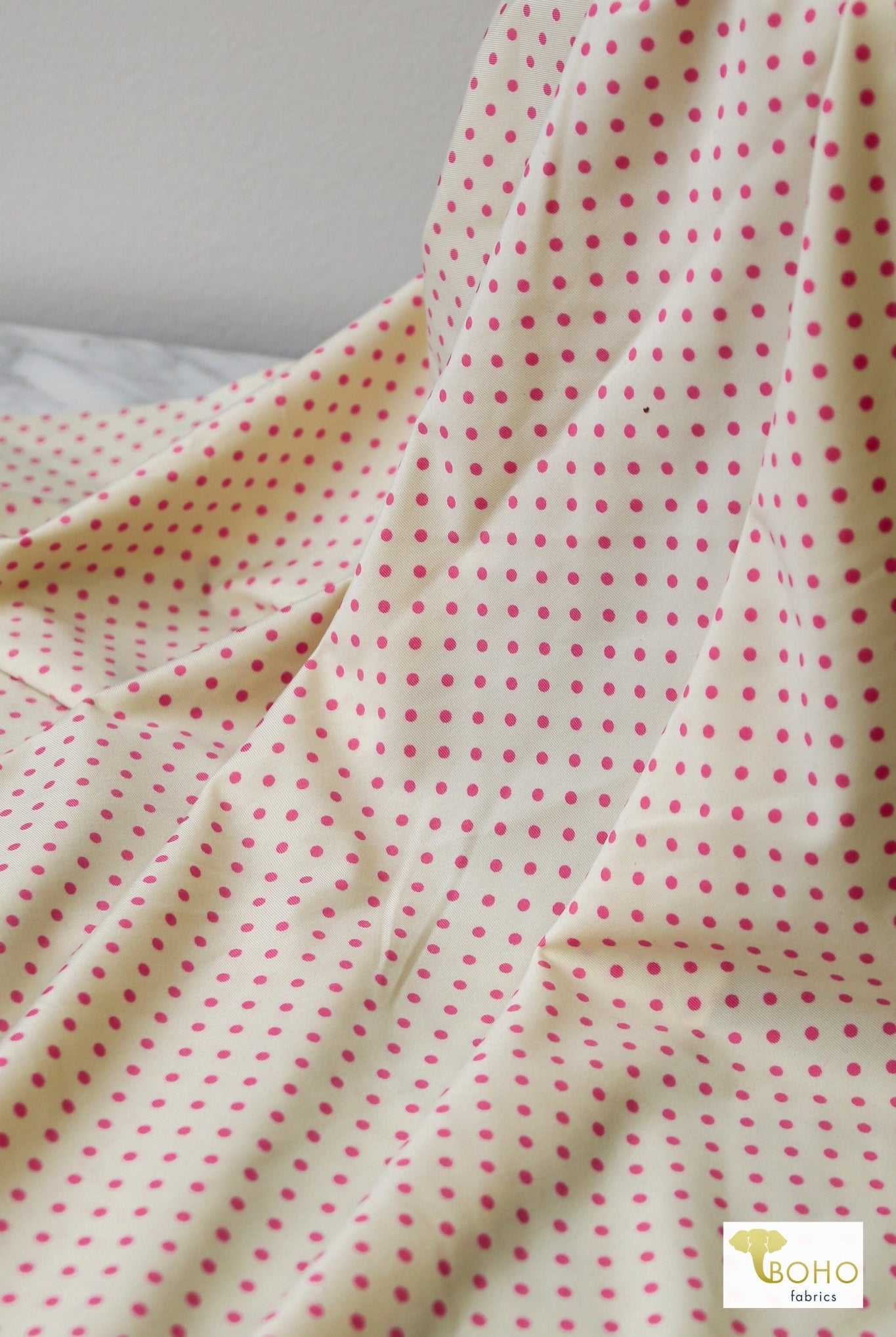 Small Pink Polka Dots on Ivory, Athletic Knit Fabric - Boho Fabrics - Athletic Knit Fabric