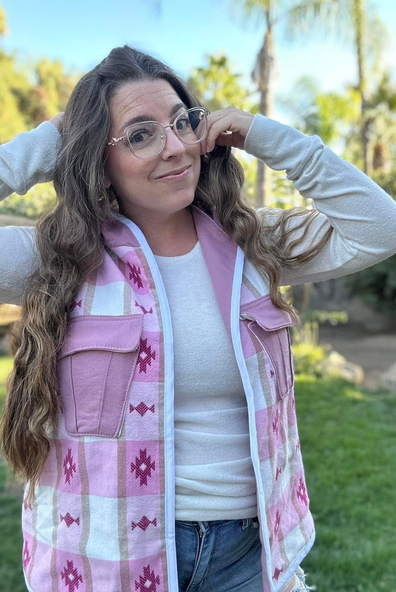 Southwest Barbie, Pink Embroidered Flannel, Woven Fabric - Boho Fabrics