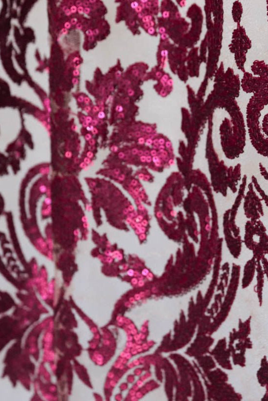 Special Occasion: Burgundy Red Elegant Damask Sequined & Beaded Mesh. SO-103-RED - Boho Fabrics