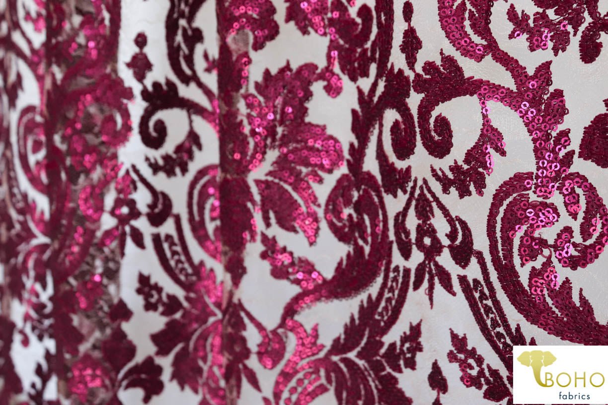 Special Occasion: Burgundy Red Elegant Damask Sequined & Beaded Mesh. SO-103-RED - Boho Fabrics