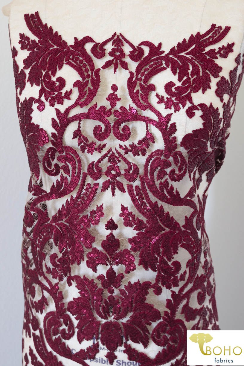 Special Occasion: Burgundy Red Elegant Damask Sequined & Beaded Mesh. SO-103-RED - Boho Fabrics